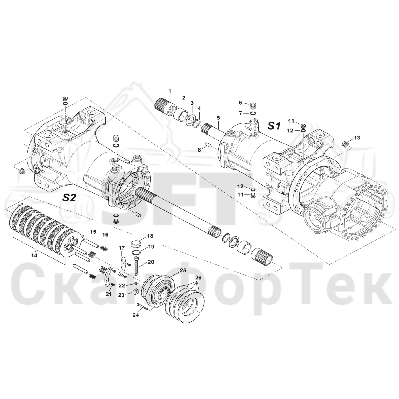Схема: Komatsu / Форвардер / 855 S/N 8550022010- / Каталог запасных частей / Коробка передач / Ось / Картер ведущего моста