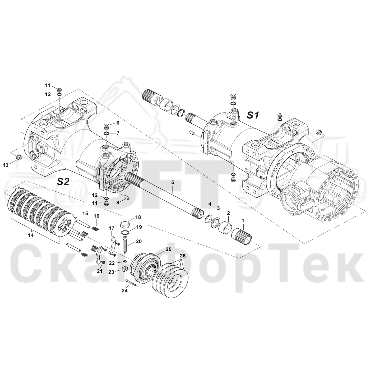 Схема: Komatsu / Форвардер / 855 S/N 8550022010- / Каталог запасных частей / Коробка передач / Ось / Картер ведущего моста