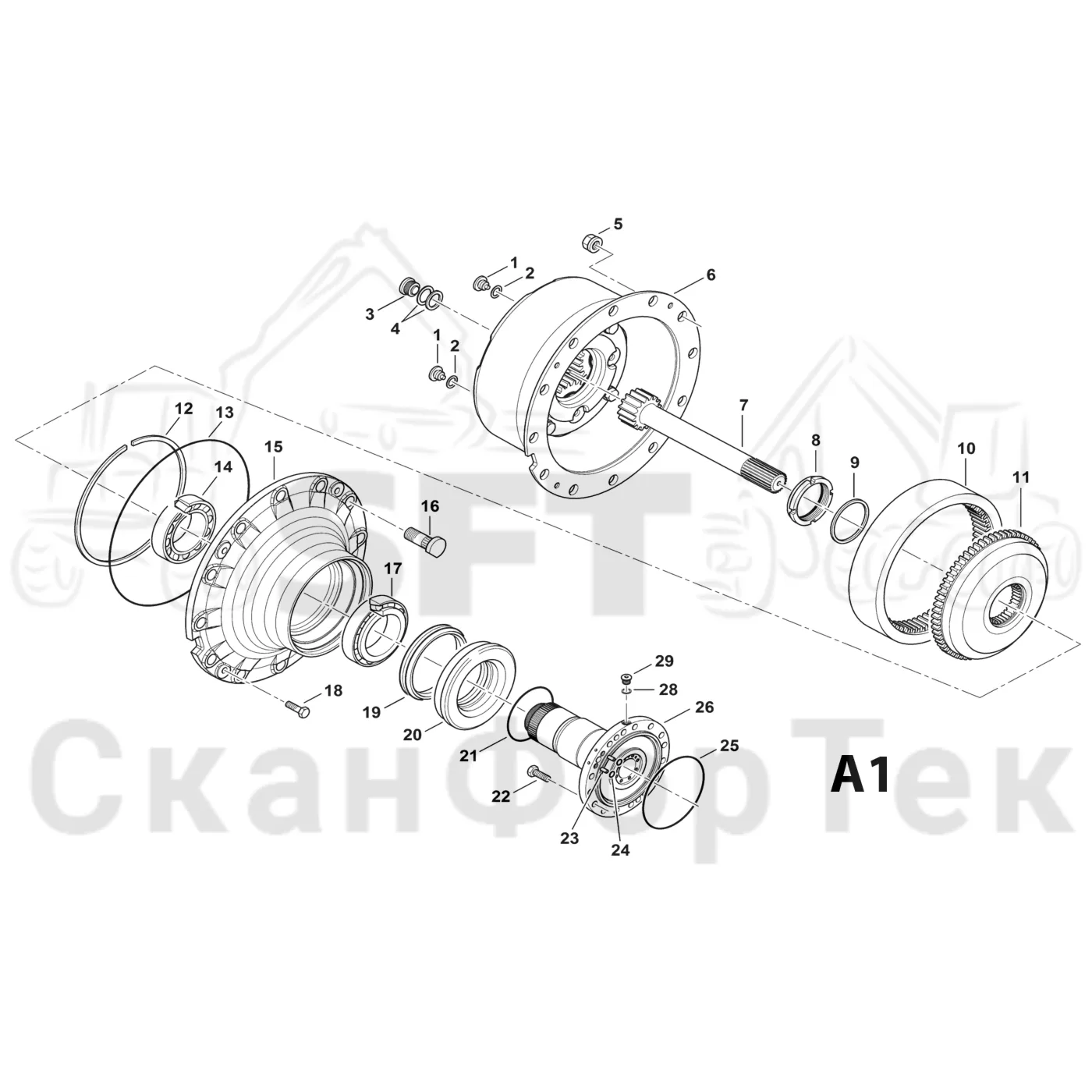Схема: Komatsu / Форвардер / 855 S/N 8550022010- / Каталог запасных частей / Коробка передач / Ось / Редуктор ступицы