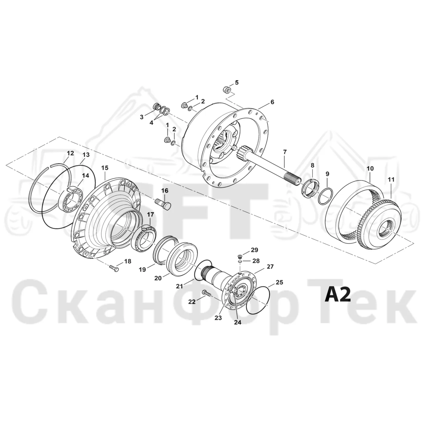 Схема: Komatsu / Форвардер / 855 S/N 8550022010- / Каталог запасных частей / Коробка передач / Ось / Редуктор ступицы
