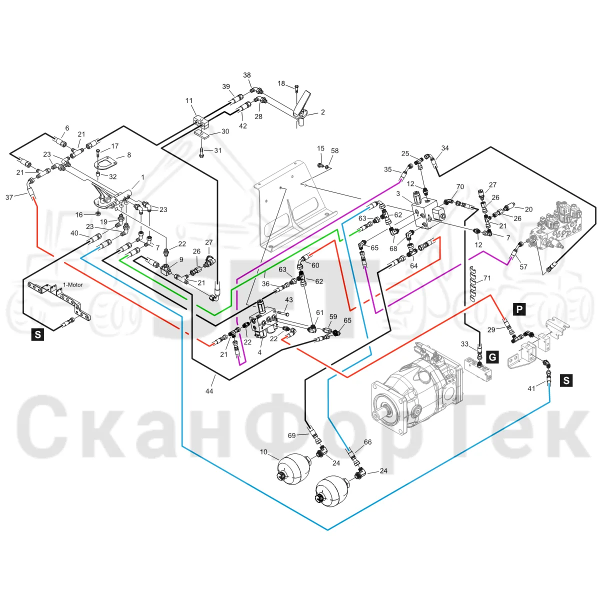 Схема: Komatsu / Форвардер / 855 S/N 8550022010- / Каталог запасных частей / Тормоза / Тормоза на 8 колес / Тормозная система