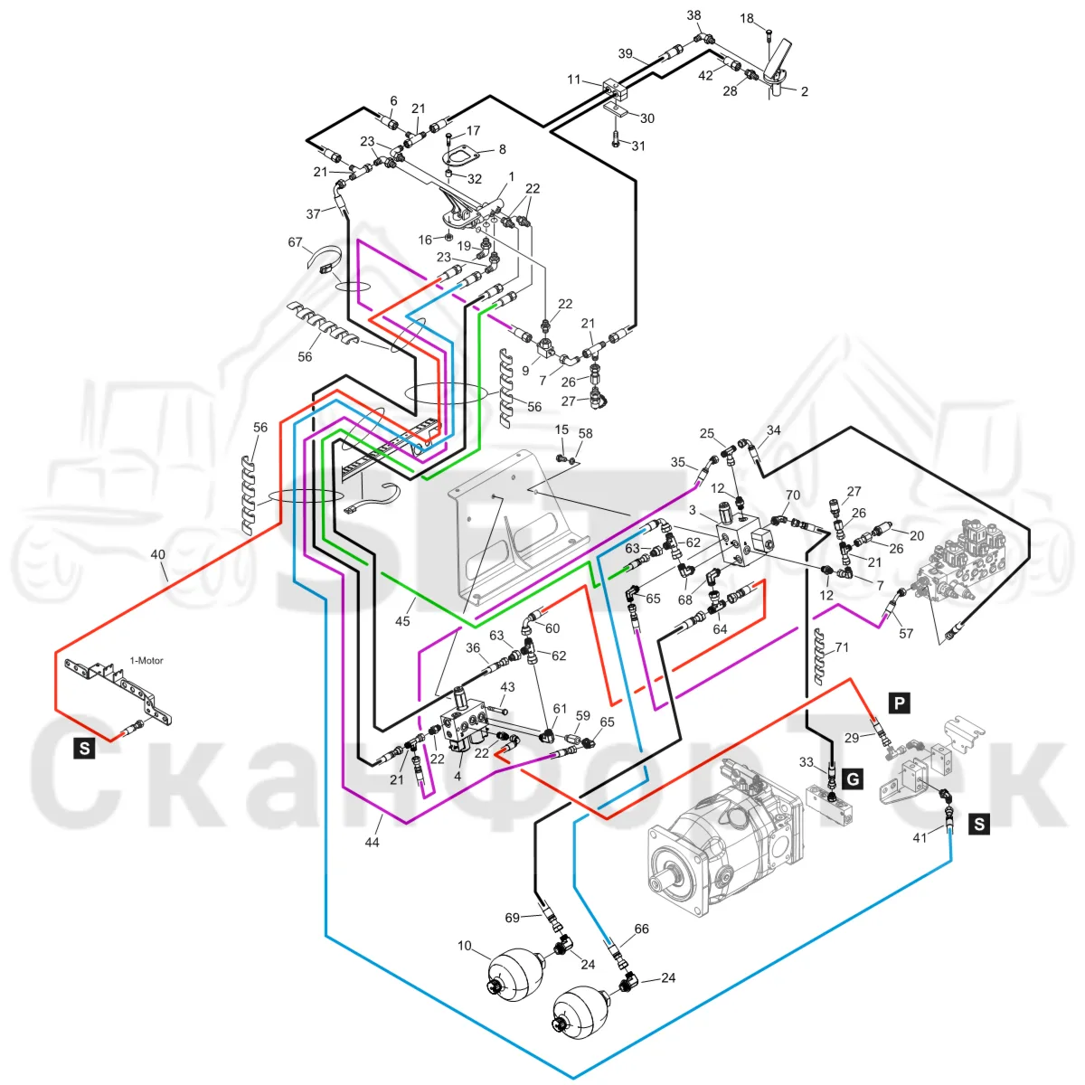 Схема: Komatsu / Форвардер / 855 S/N 8550022010- / Каталог запасных частей / Тормоза / Тормоза на 8 колес / Тормозная система Comfort ride