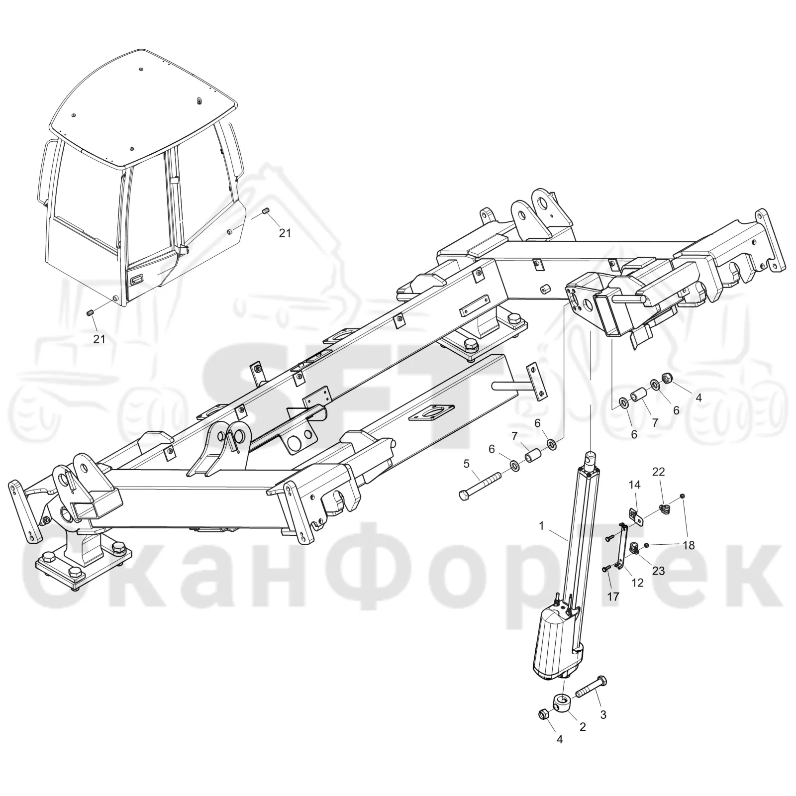 Схема: Komatsu / Форвардер / 895 S/N 8950011010- / Каталог запасных частей / Кабина / Кабина / Установка кабины Comfort Ride