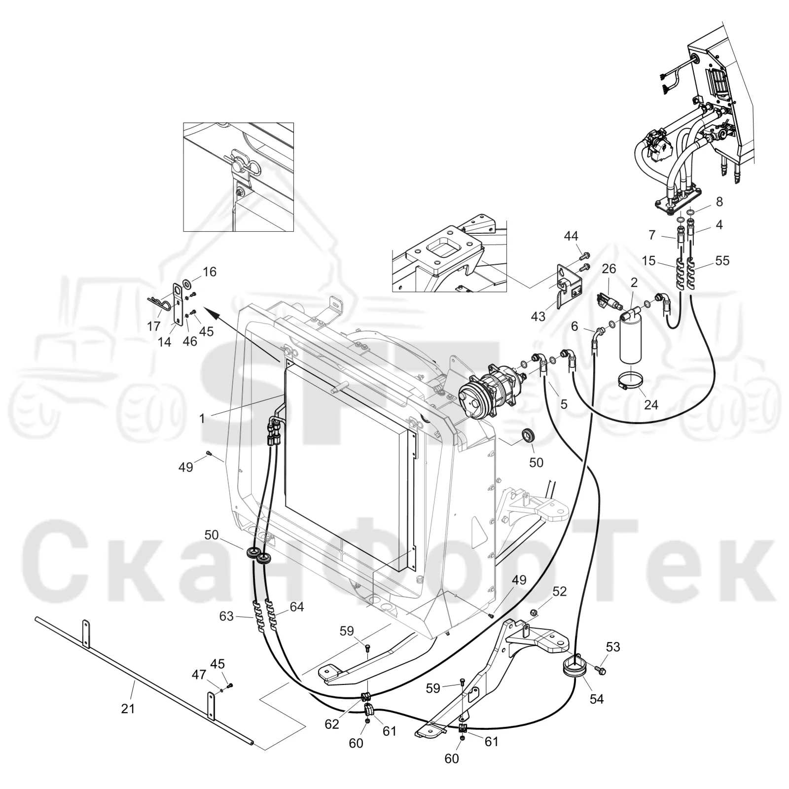 Схема: Komatsu / Форвардер / 875 S/N 8750000010- / Каталог запасных частей / Кабина / Система обогрева и охлаждения / Агрегат кондиционирования воздуха