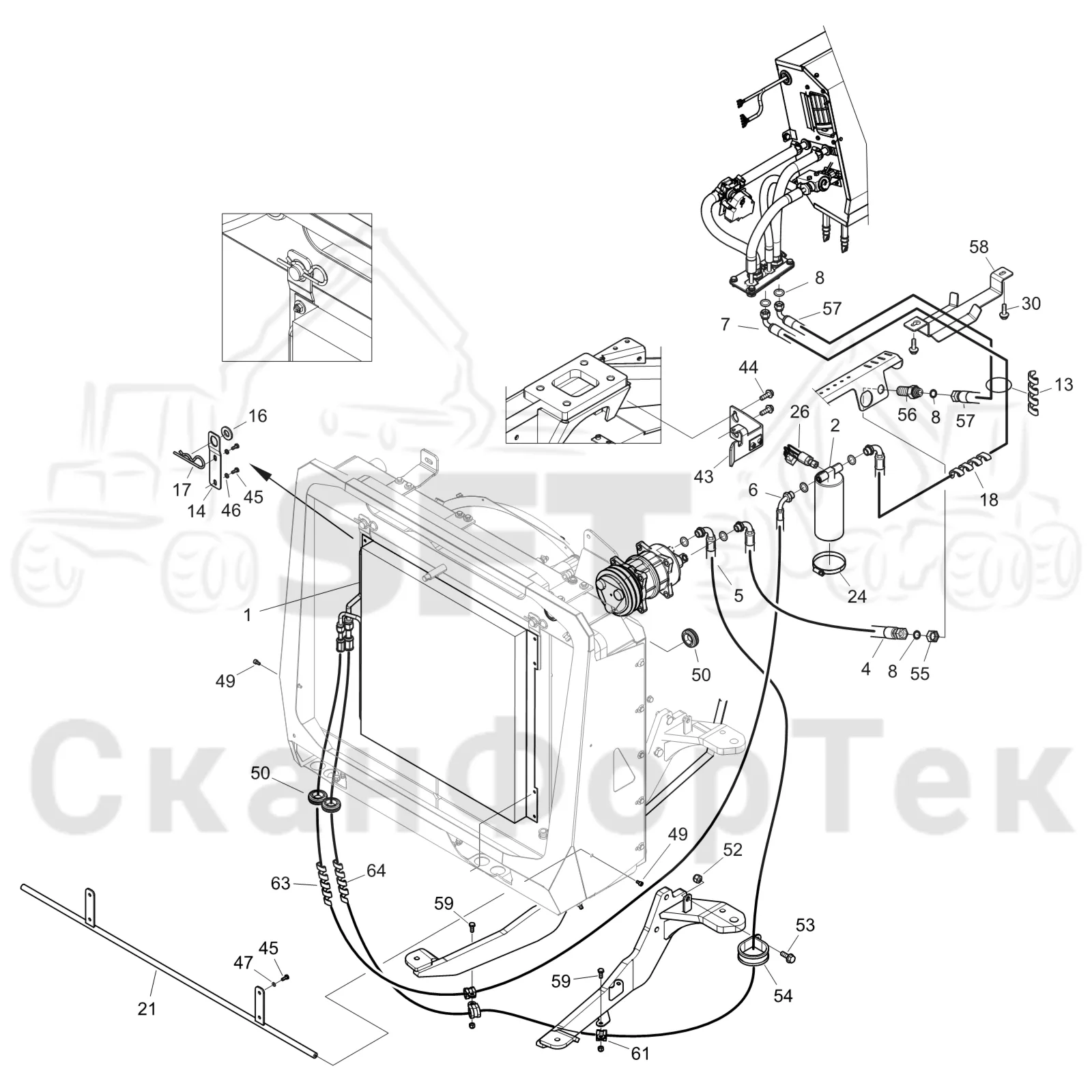 Схема: Komatsu / Форвардер / 855 S/N 8550022010- / Каталог запасных частей / Кабина / Система обогрева и охлаждения / Агрегат кондиционирования воздуха Comfort Ride