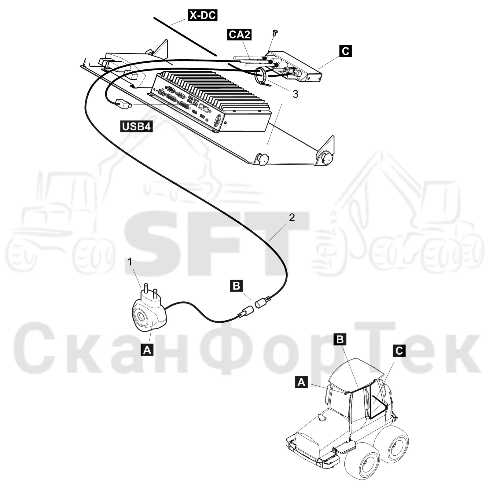 Схема: Komatsu / Форвардер / 855 S/N 8550022010- / Каталог запасных частей / Кабина / камера заднего вида / Электрооборудование камера заднего вида