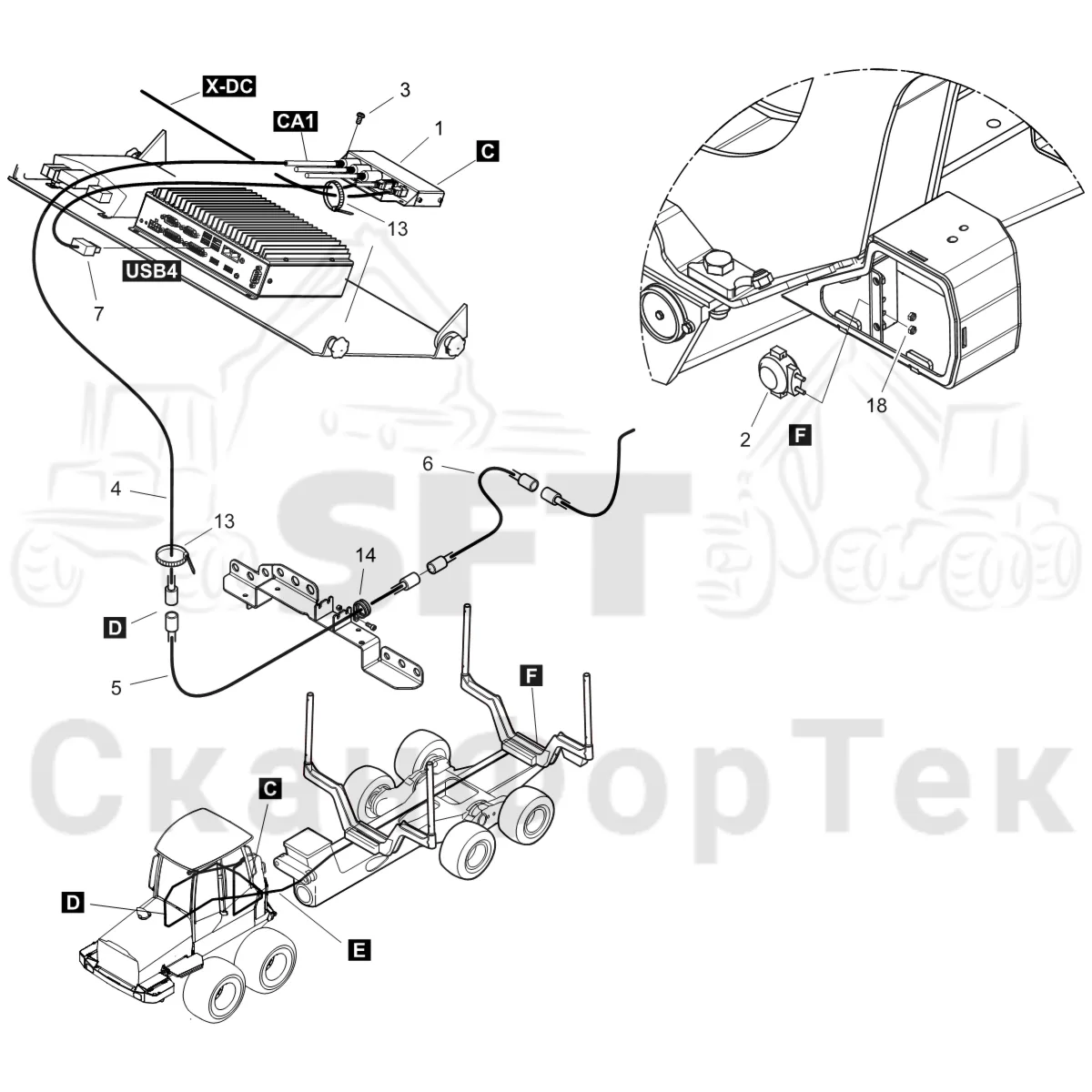 Схема: Komatsu / Форвардер / 895 S/N 8950011010- / Каталог запасных частей / Кабина / камера заднего вида / Электрооборудование камера заднего вида