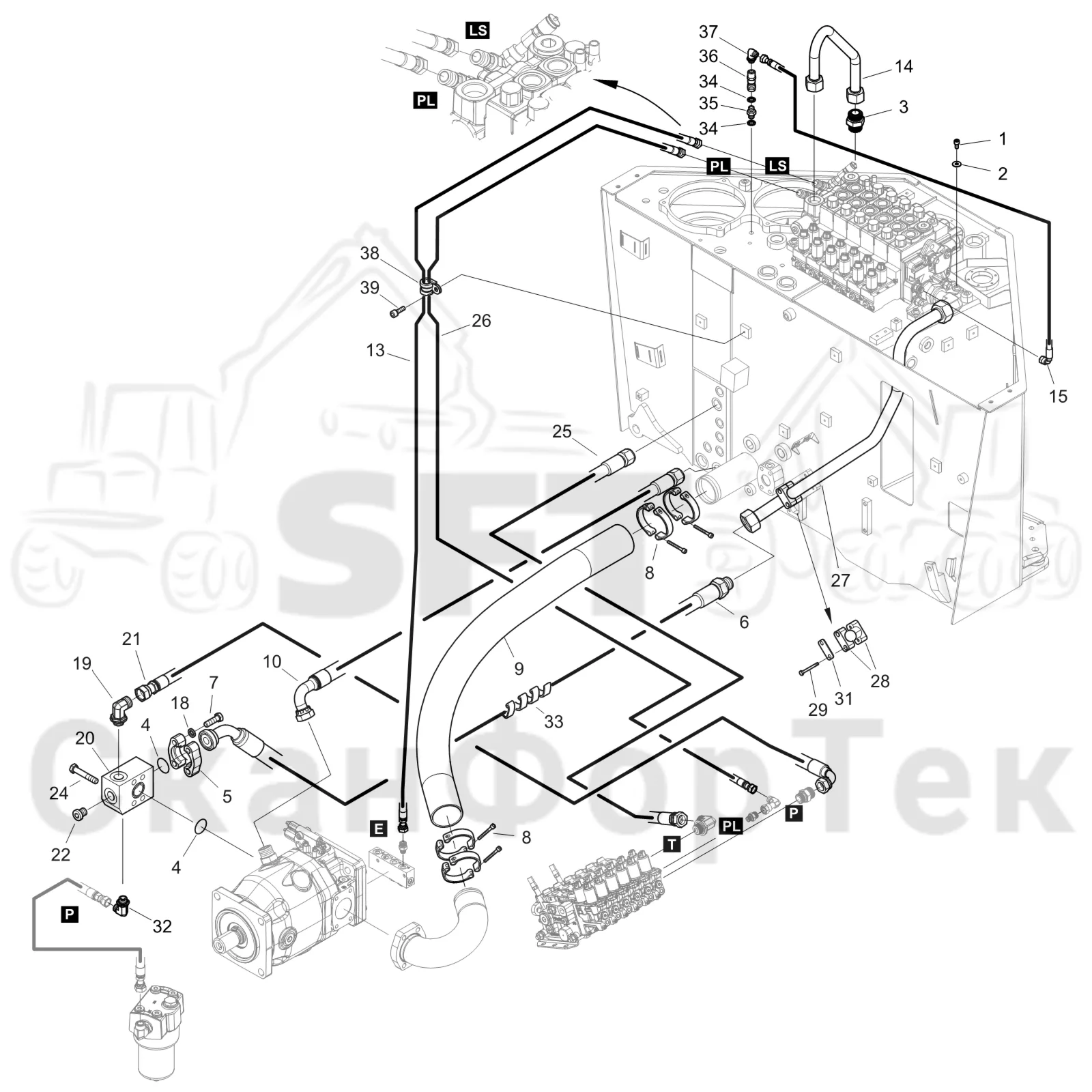 Схема: Komatsu / Форвардер / 855 S/N 8550022010- / Каталог запасных частей / Гидравлика / Гидравлические насосы / Подвод шланга