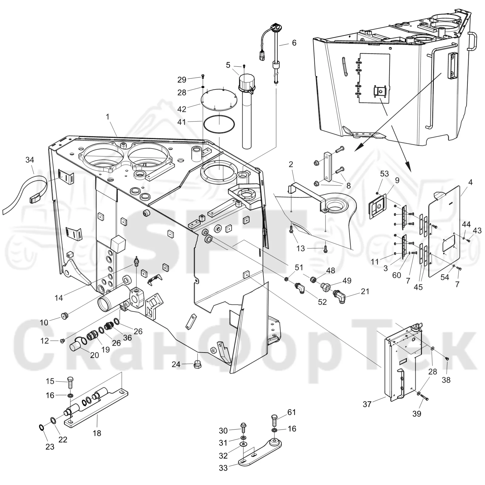 Схема: Komatsu / Форвардер / 855 S/N 8550022010- / Каталог запасных частей / Гидравлика / Бак гидравлики / Бак гидравлики