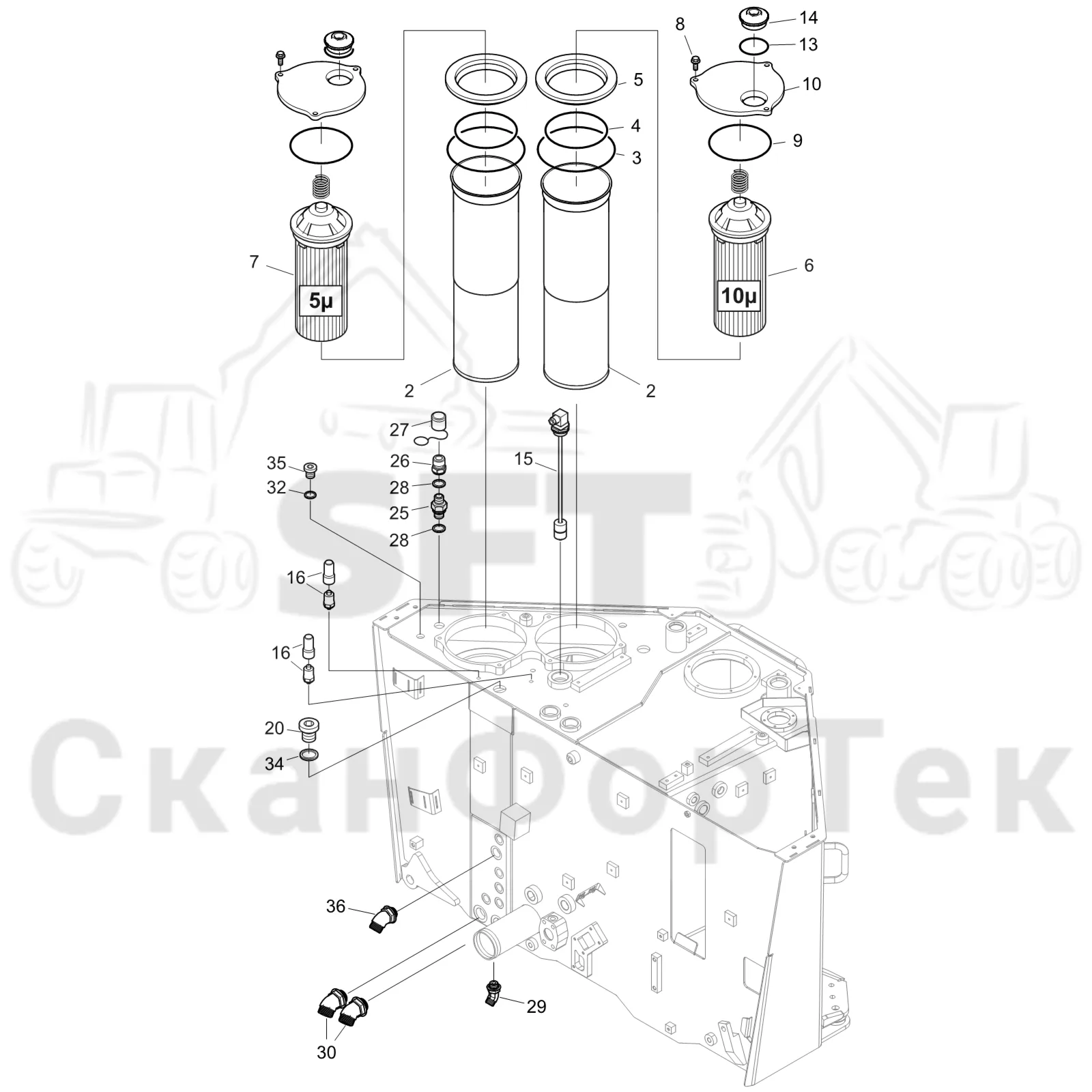 Схема: Komatsu / Форвардер / 855 S/N 8550022010- / Каталог запасных частей / Гидравлика / Бак гидравлики / Корпус фильтра