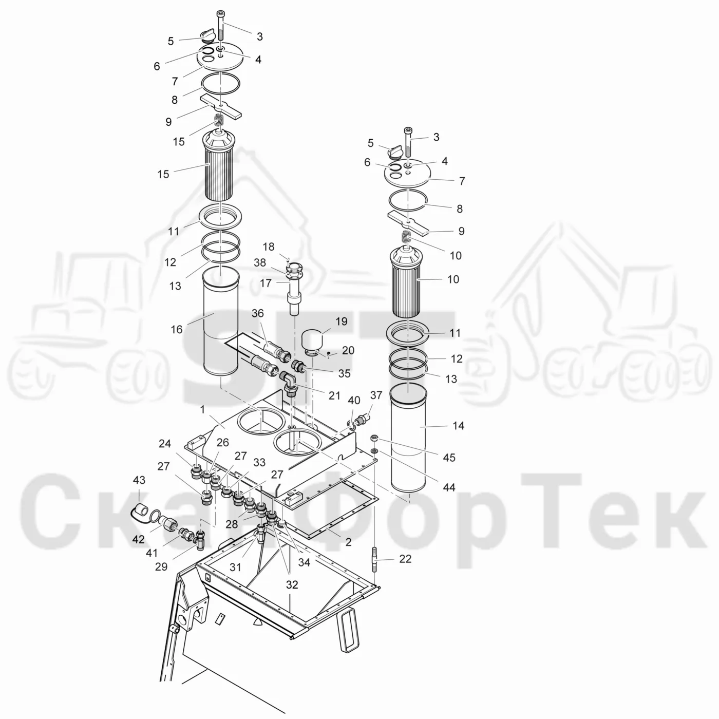 Схема: Komatsu / Лесозаготовительные машины / 901TX .1 / Каталог запасных частей / Гидравлика / Бак гидравлики / Корпус фильтра