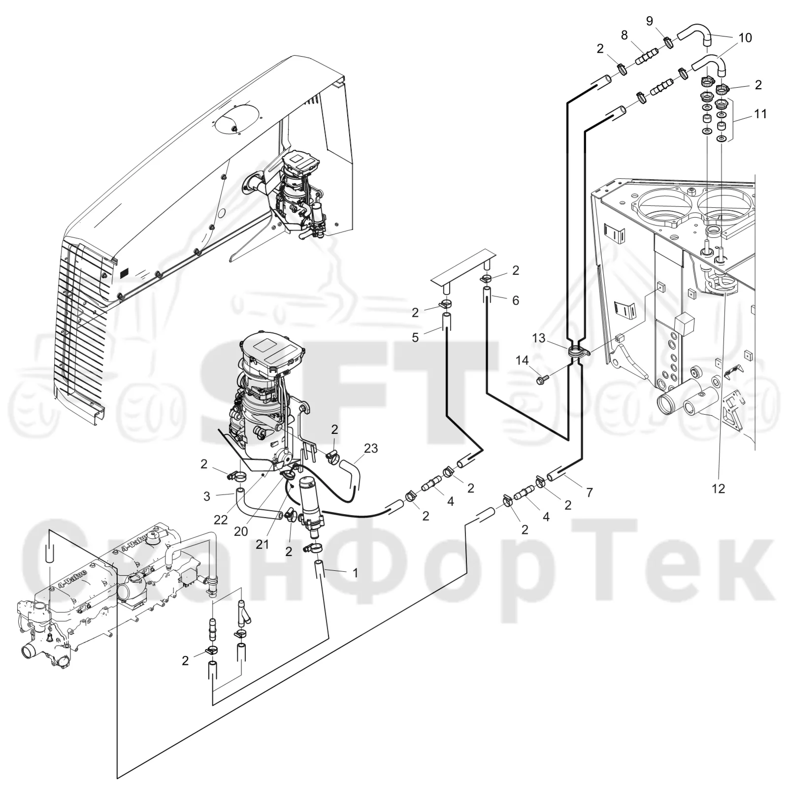 Схема: Komatsu / Форвардер / 895 S/N 8950011010- / Каталог запасных частей / Гидравлика / Бак гидравлики / Подогреватель бака гидравлики
