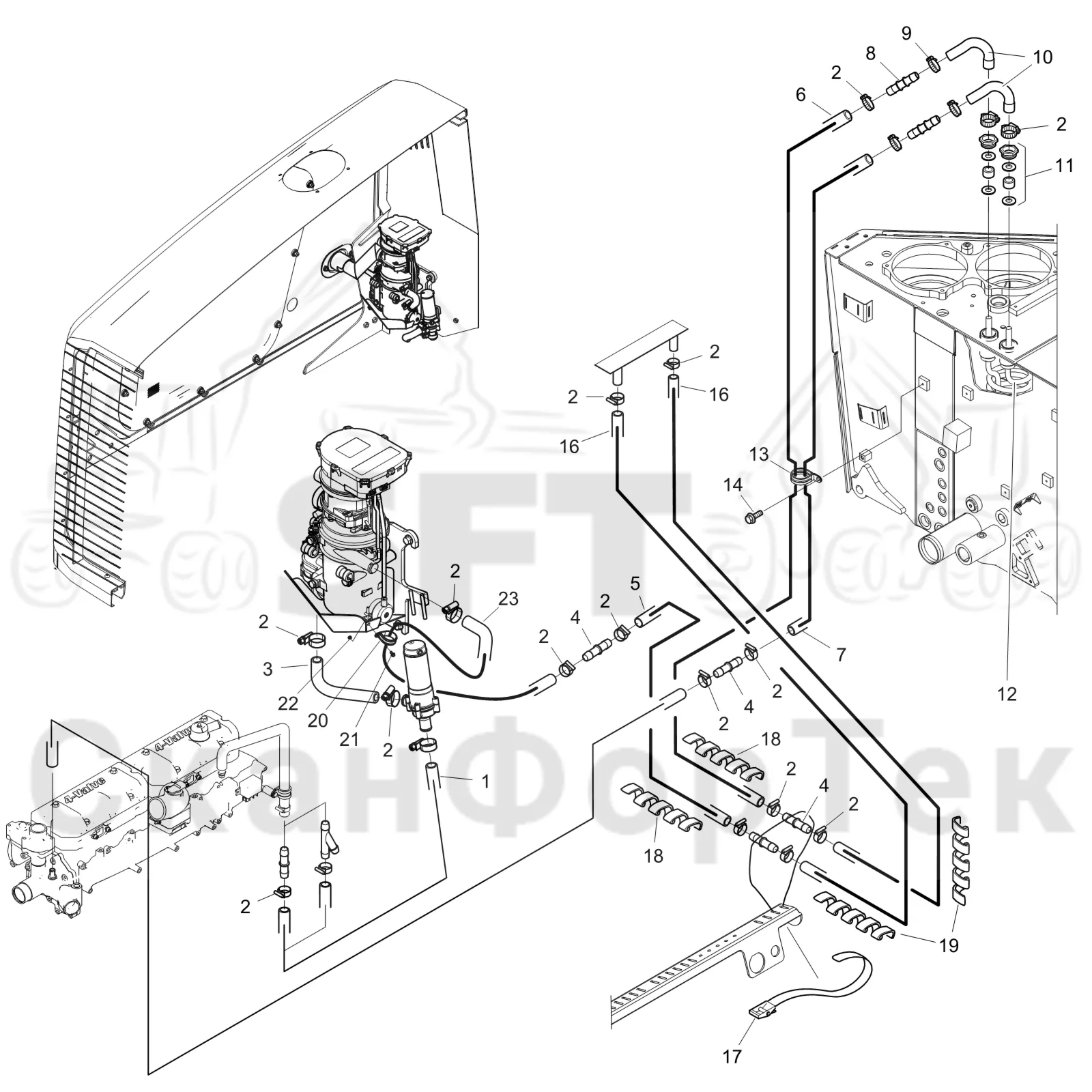 Схема: Komatsu / Форвардер / 855 S/N 8550022010- / Каталог запасных частей / Гидравлика / Бак гидравлики / Подогреватель бака гидравлики Comfort Ride