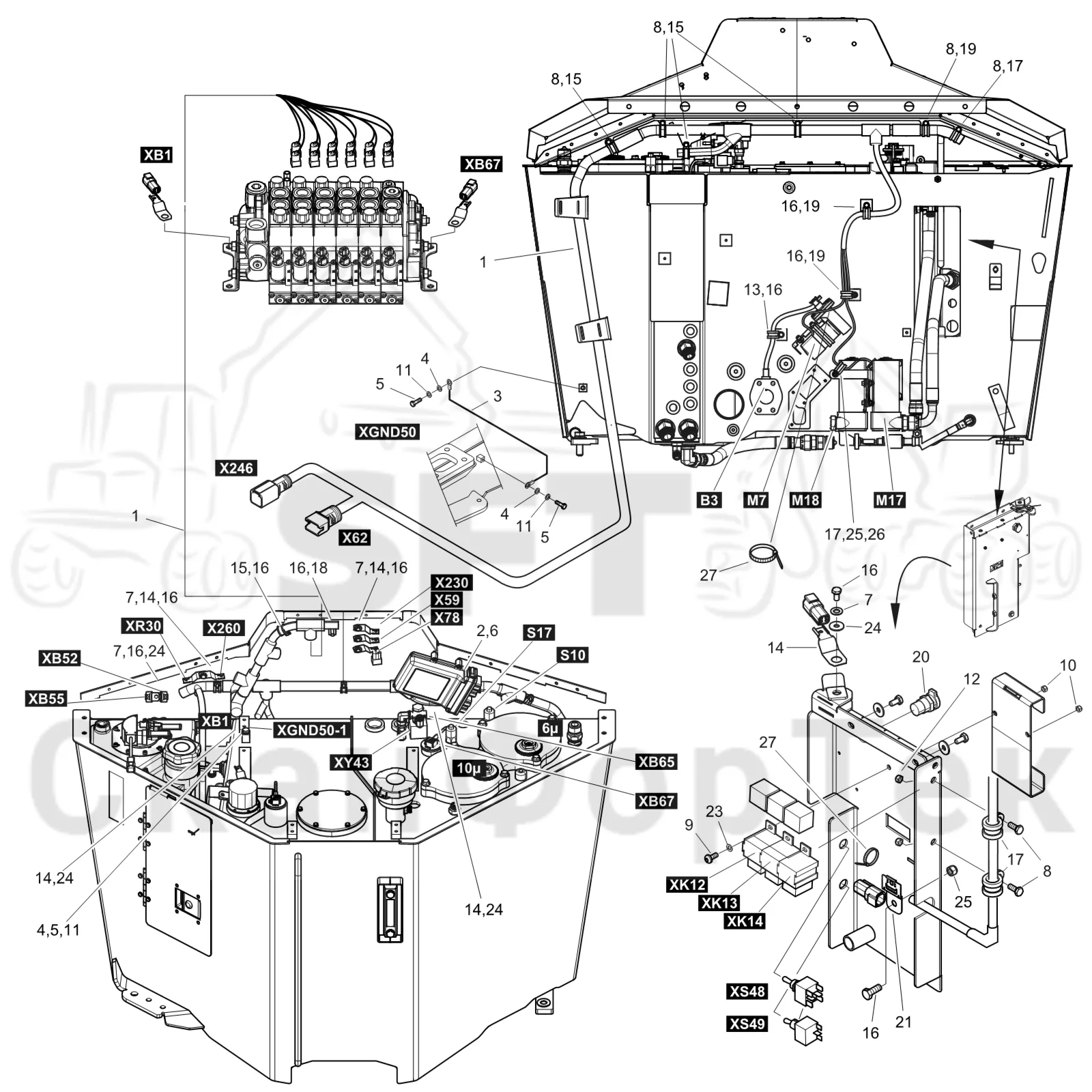 Схема: Komatsu / Форвардер / 875 S/N 8750000010- / Каталог запасных частей / Гидравлика / Бак гидравлики / Электрический набор Бак гидравлики