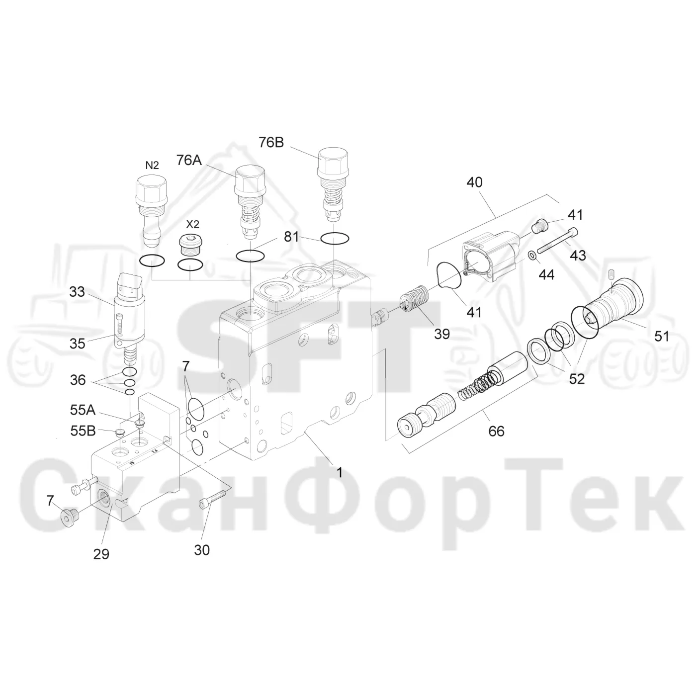 Схема: Komatsu / Форвардер / 855 S/N 8550022010- / Каталог запасных частей / Гидравлика / Клапан подъемного крана / Tele