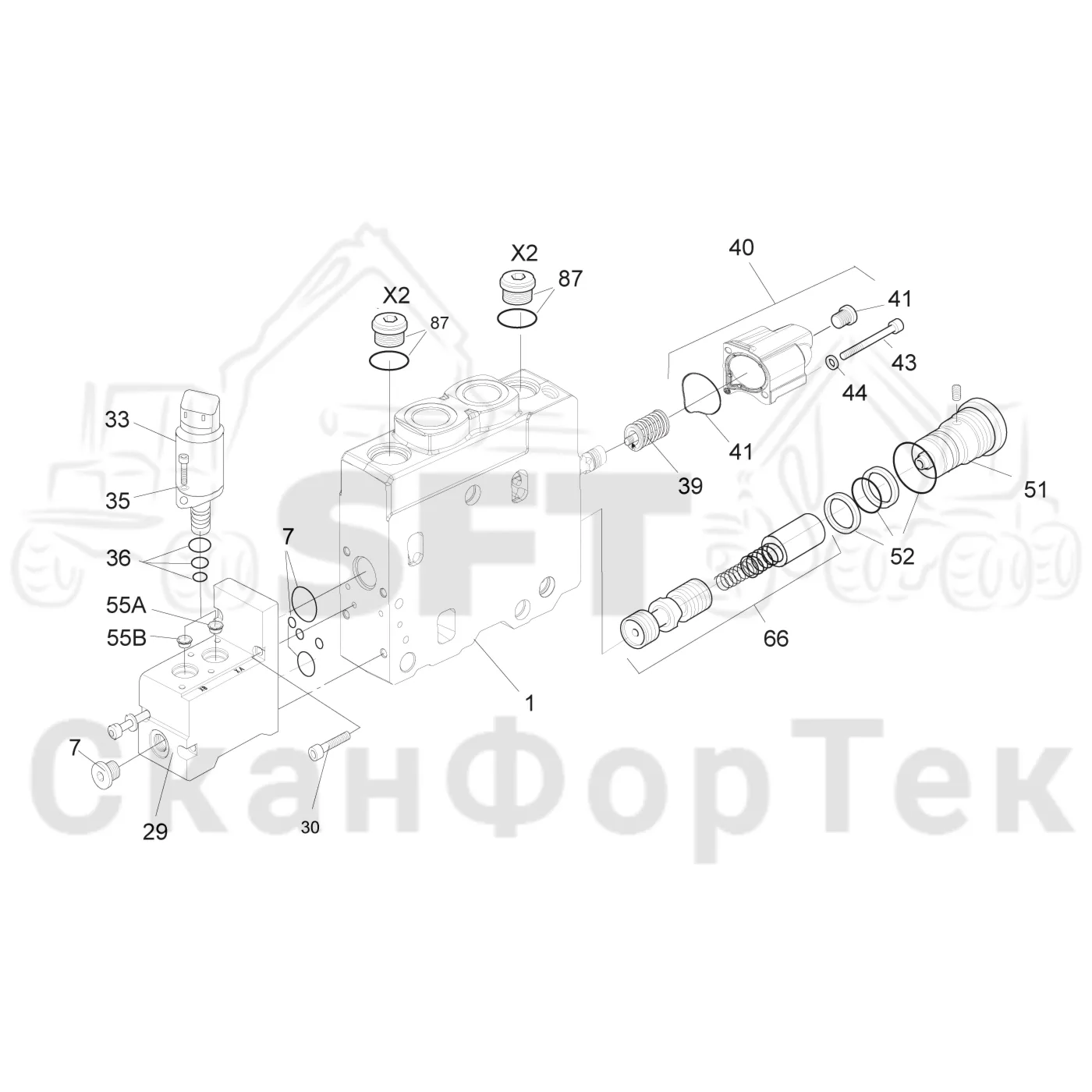 Схема: Komatsu / Форвардер / 855 S/N 8550022010- / Каталог запасных частей / Гидравлика / Клапан подъемного крана / Подъемный