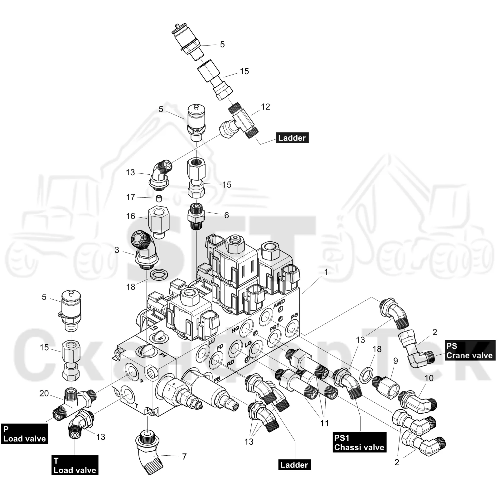Схема: Komatsu / Форвардер / 875 S/N 8750000010- / Каталог запасных частей / Гидравлика / Клапан обслуживания / Клапан обслуживания