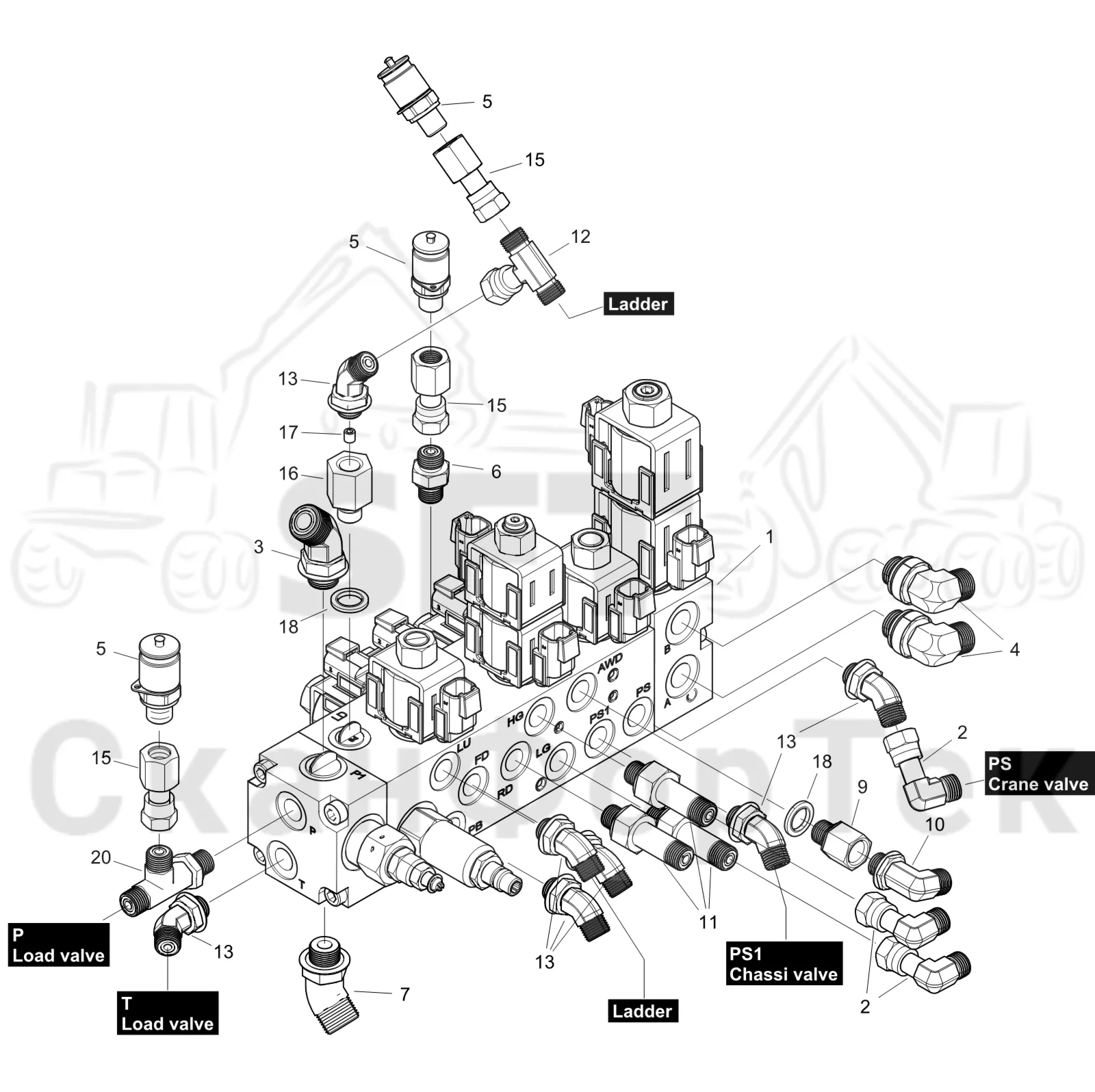 Схема: Komatsu / Форвардер / 875 S/N 8750000010- / Каталог запасных частей / Гидравлика / Клапан обслуживания / Клапан обслуживания