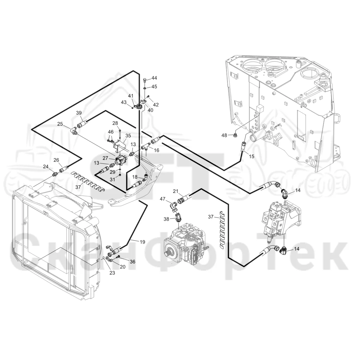 Схема: Komatsu / Форвардер / 855 S/N 8550022010- / Каталог запасных частей / Гидравлика / Система охлаждения масла / Охлаждение смазочного масла для гидравлических систем