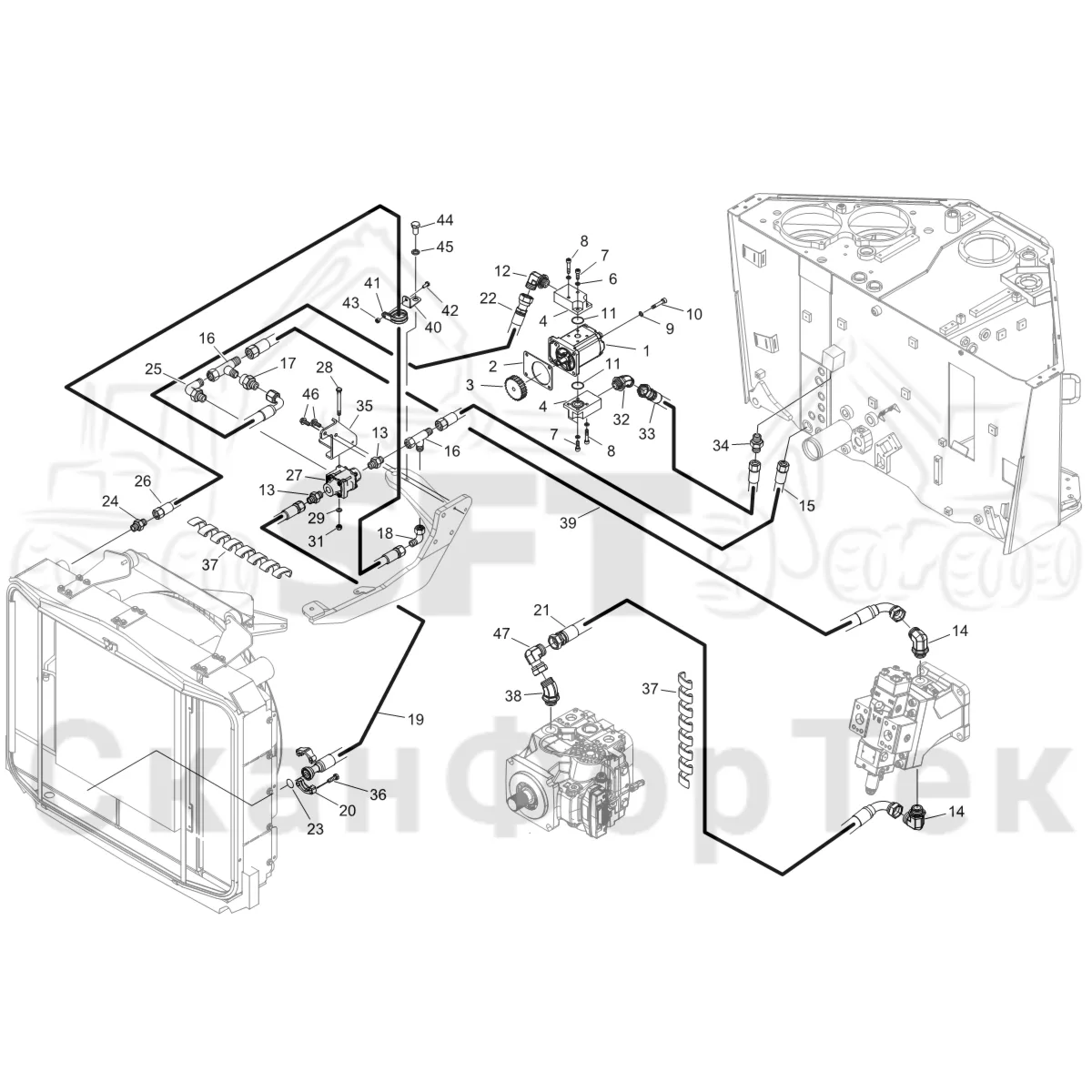 Схема: Komatsu / Форвардер / 855 S/N 8550022010- / Каталог запасных частей / Гидравлика / Система охлаждения масла / Охлаждение смазочного масла для гидравлических систем Дополнительное оборудование