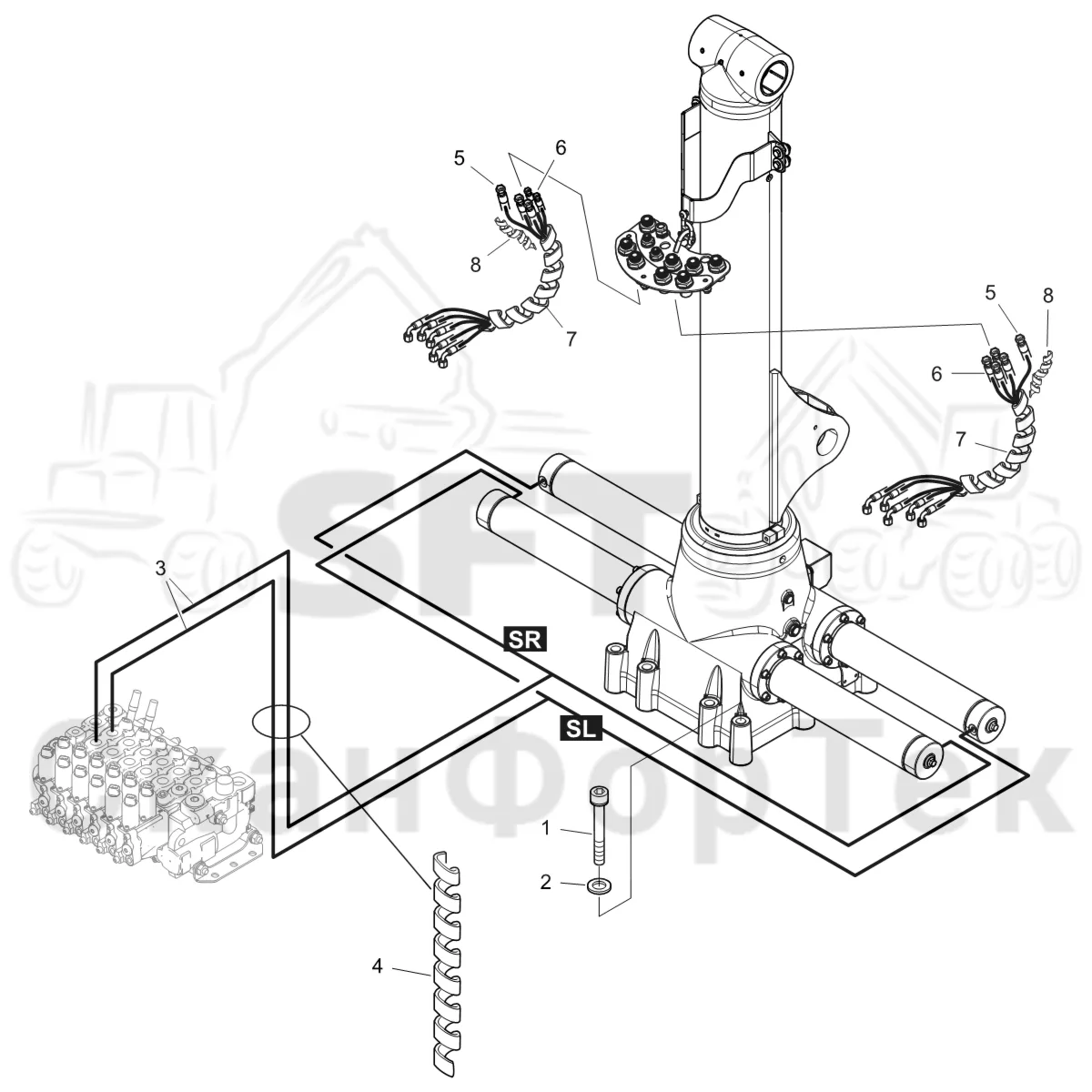 Схема: Komatsu / Форвардер / 855 S/N 8550022010- / Каталог запасных частей / Подъемный кран / Подвод шланга / Подвод шланга