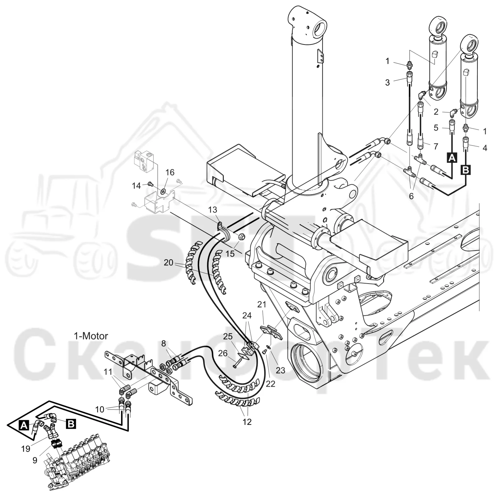 Схема: Komatsu / Форвардер / 875 S/N 8750000010- / Каталог запасных частей / Подъемный кран / Оборудование наклона / Подвод шланга