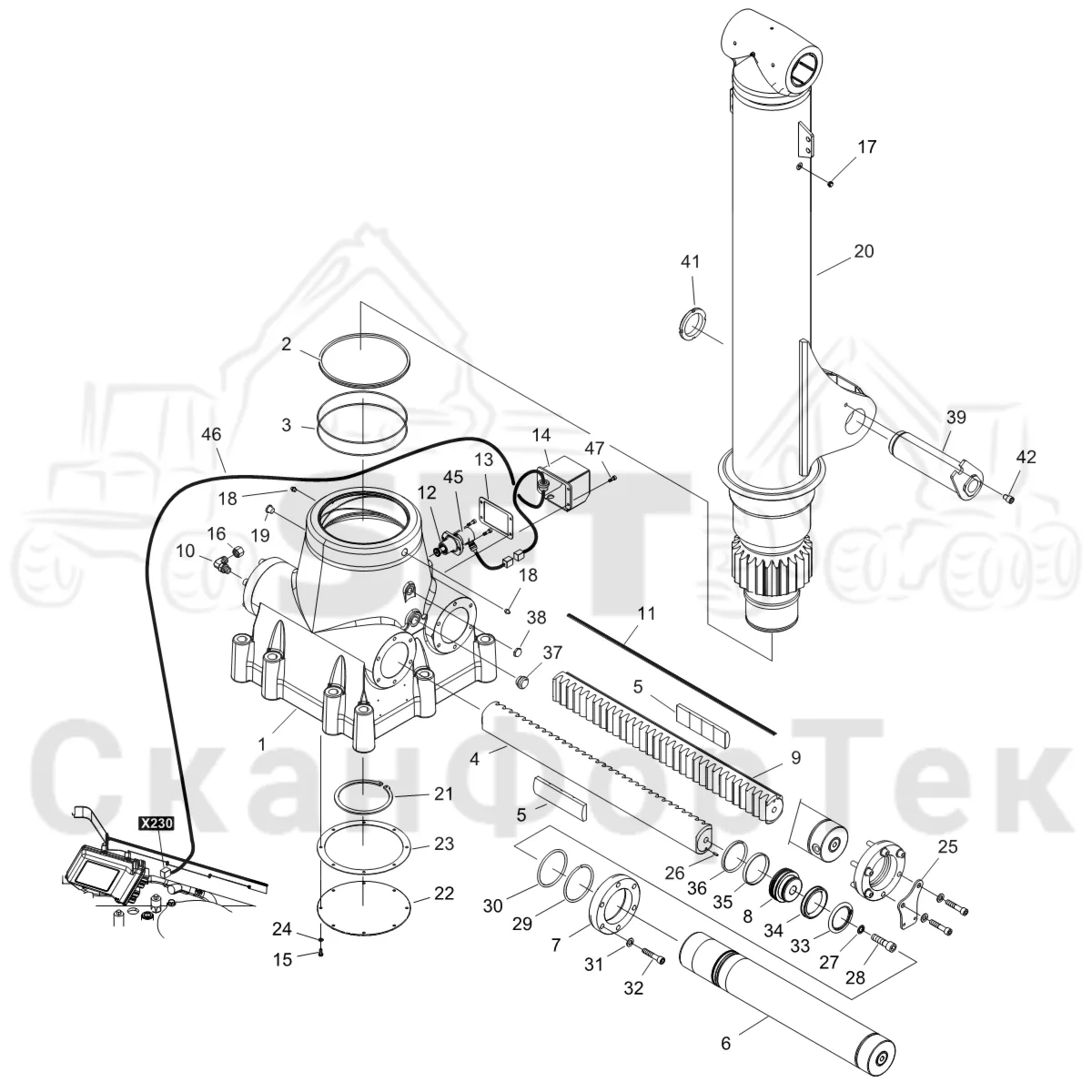 Схема: Komatsu / Форвардер / 855 S/N 8550022010- / Каталог запасных частей / Подъемный кран / Система поворотного механизма / Система поворотного механизма Датчик