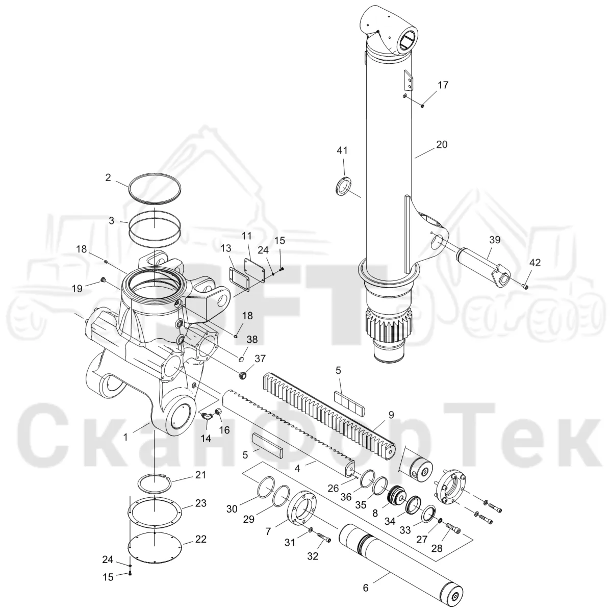 Схема: Komatsu / Форвардер / 855 S/N 8550022010- / Каталог запасных частей / Подъемный кран / Система поворотного механизма / Система поворотного механизма Стойка наклона