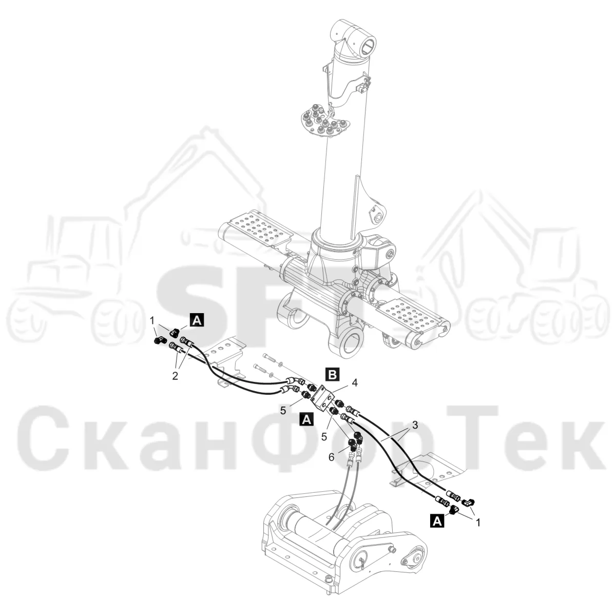 Схема: Komatsu / Форвардер / 875 S/N 8750000010- / Каталог запасных частей / Подъемный кран / Гидропроводка / Гидропроводка Стойка наклона