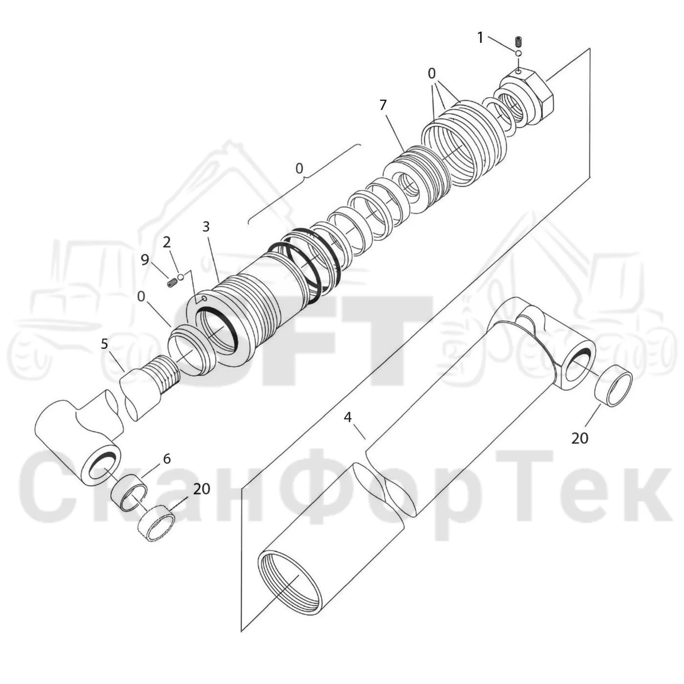 Схема: Komatsu / Форвардер / 855 S/N 8550022010- / Каталог запасных частей / Подъемный кран / Подъемный цилиндр / Подъемный цилиндр