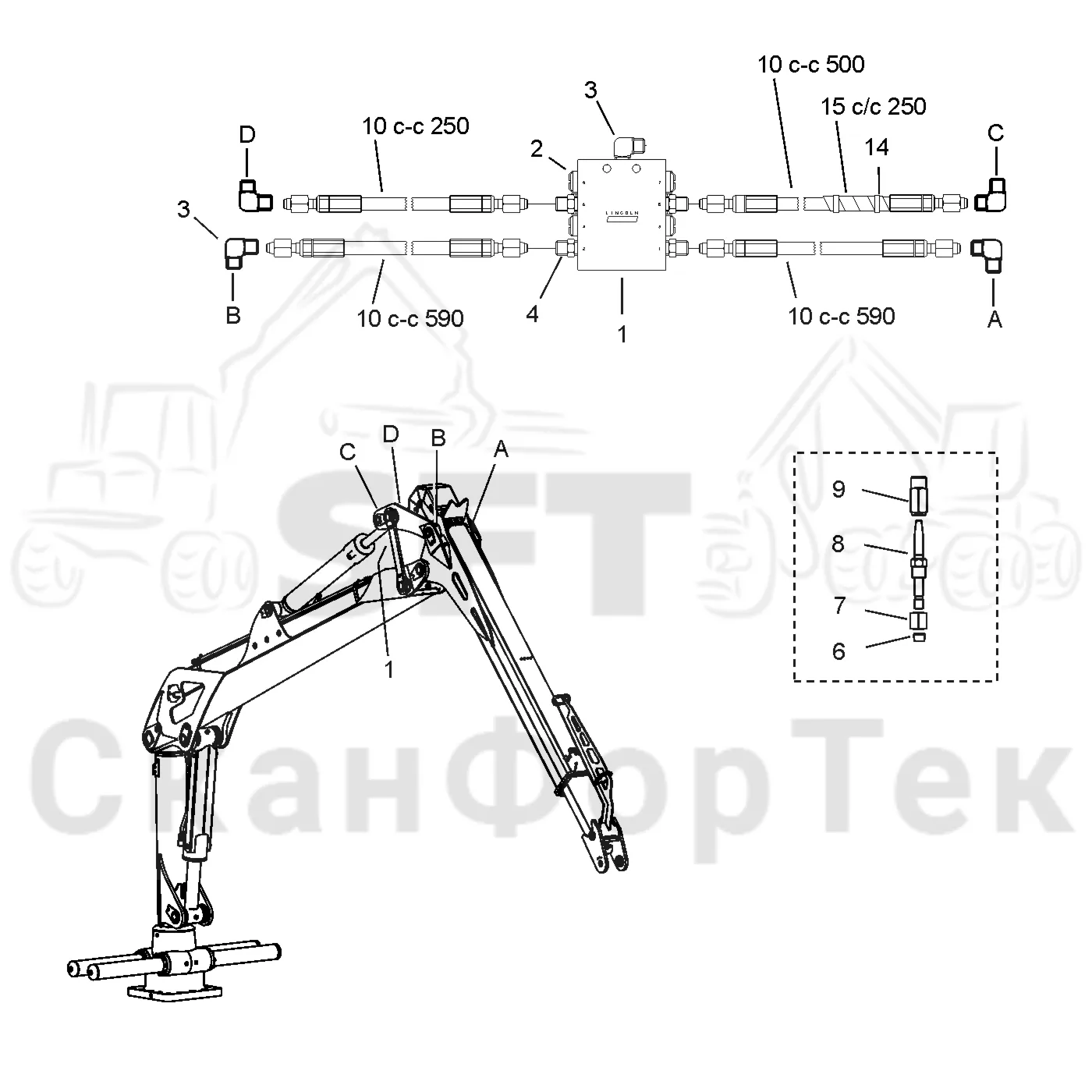Схема: Komatsu / Форвардер / 860.4 / Каталог запасных частей / Подъемный кран / Первая стрела / Оборудование / Центральная смазка 7,8/9,6 m / Смазка