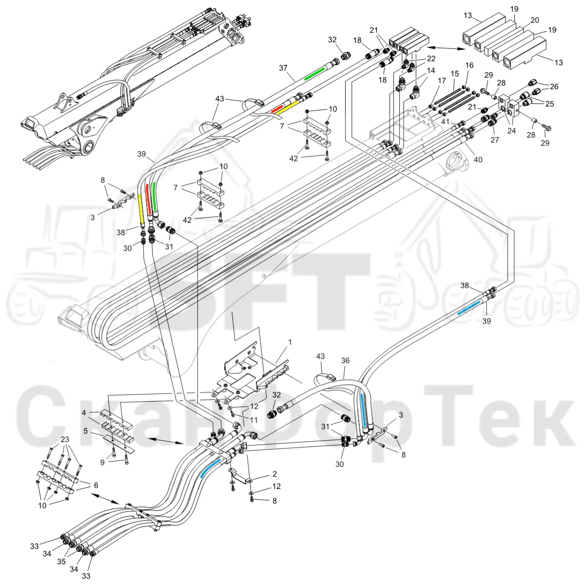 Схема: Komatsu / Форвардер / 875 S/N 8750000010- / Каталог запасных частей / Подъемный кран / Трубы и шланги / Трубопроводы и шланги Combi