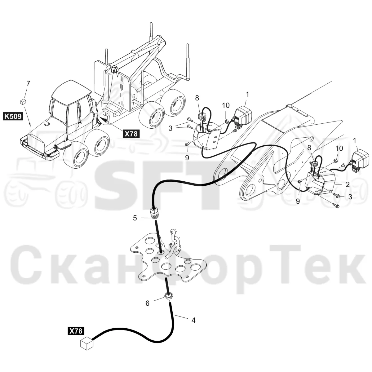 Схема: Komatsu / Форвардер / 855 S/N 8550022010- / Каталог запасных частей / Подъемный кран / Рабочие лампы / Пост освещения подъемного крана halogen
