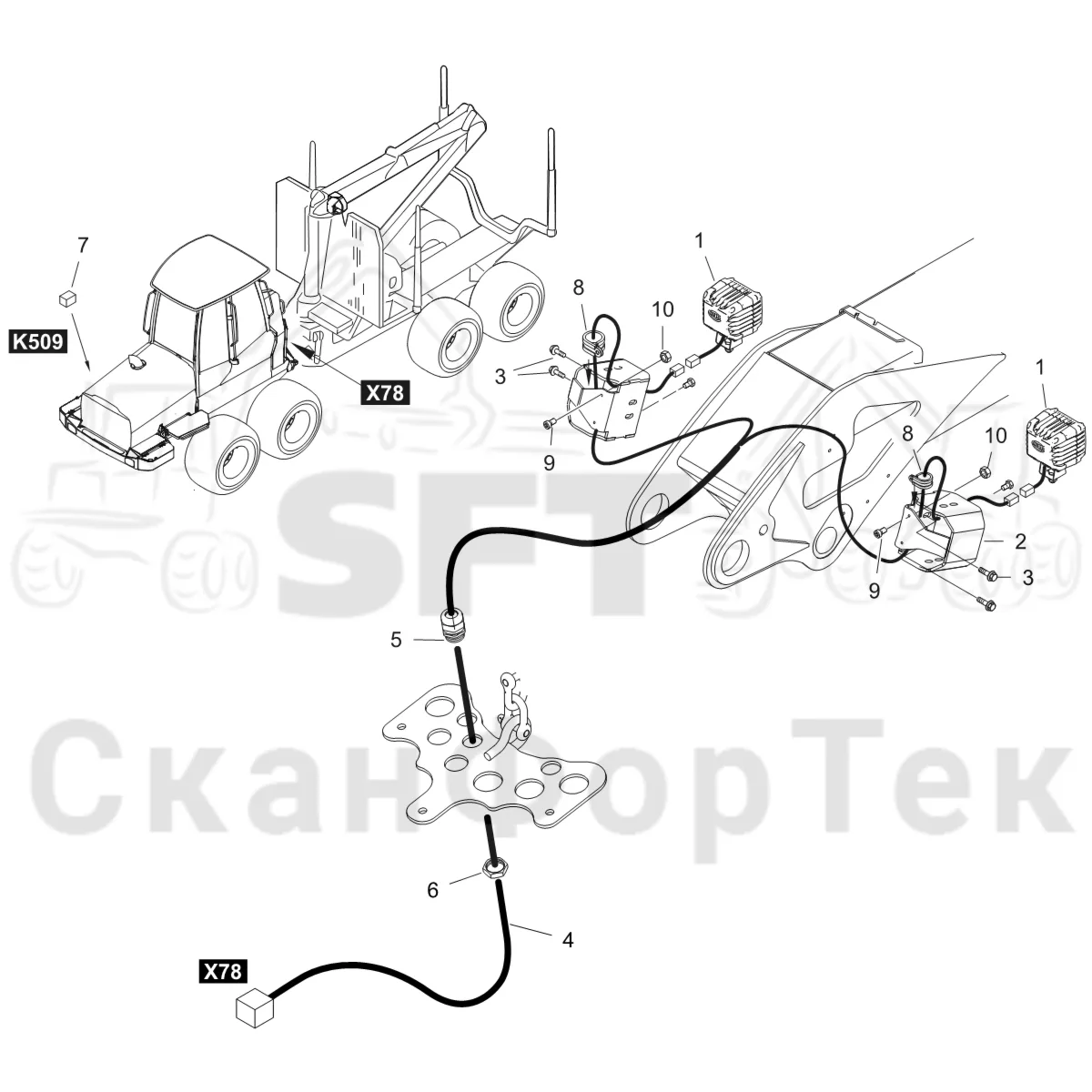 Схема: Komatsu / Форвардер / 895 S/N 8950011010- / Каталог запасных частей / Подъемный кран / Рабочие лампы / Пост освещения подъемного крана LED