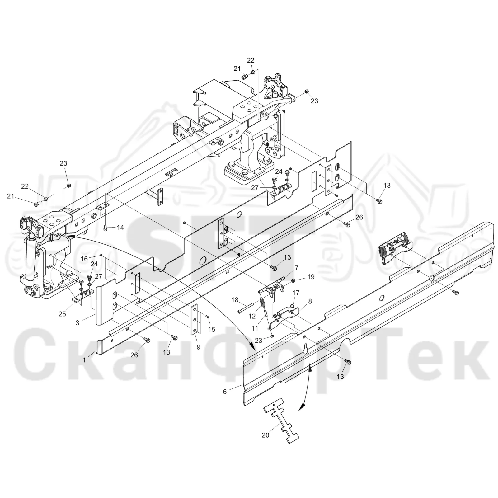 Схема: Komatsu / Форвардер / 875 S/N 8750000010- / Каталог запасных частей / шасси / Капоты и крышки / Защитные крышки под кабиной Comfort Ride