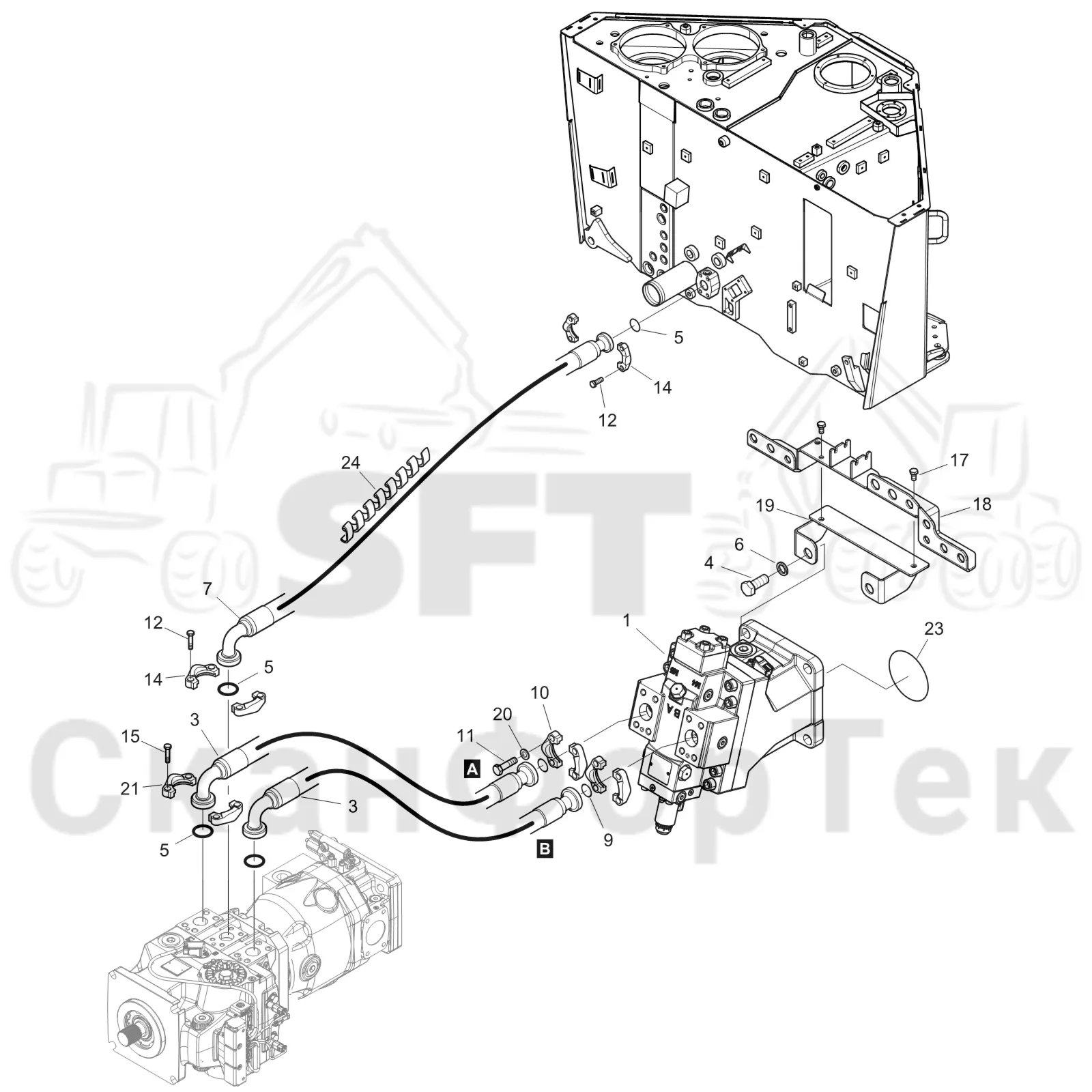 Схема: Komatsu / Форвардер / 875 S/N 8750000010- / Каталог запасных частей / Коробка передач / Оборудование гидростатики / Подвод гидростатического шланга