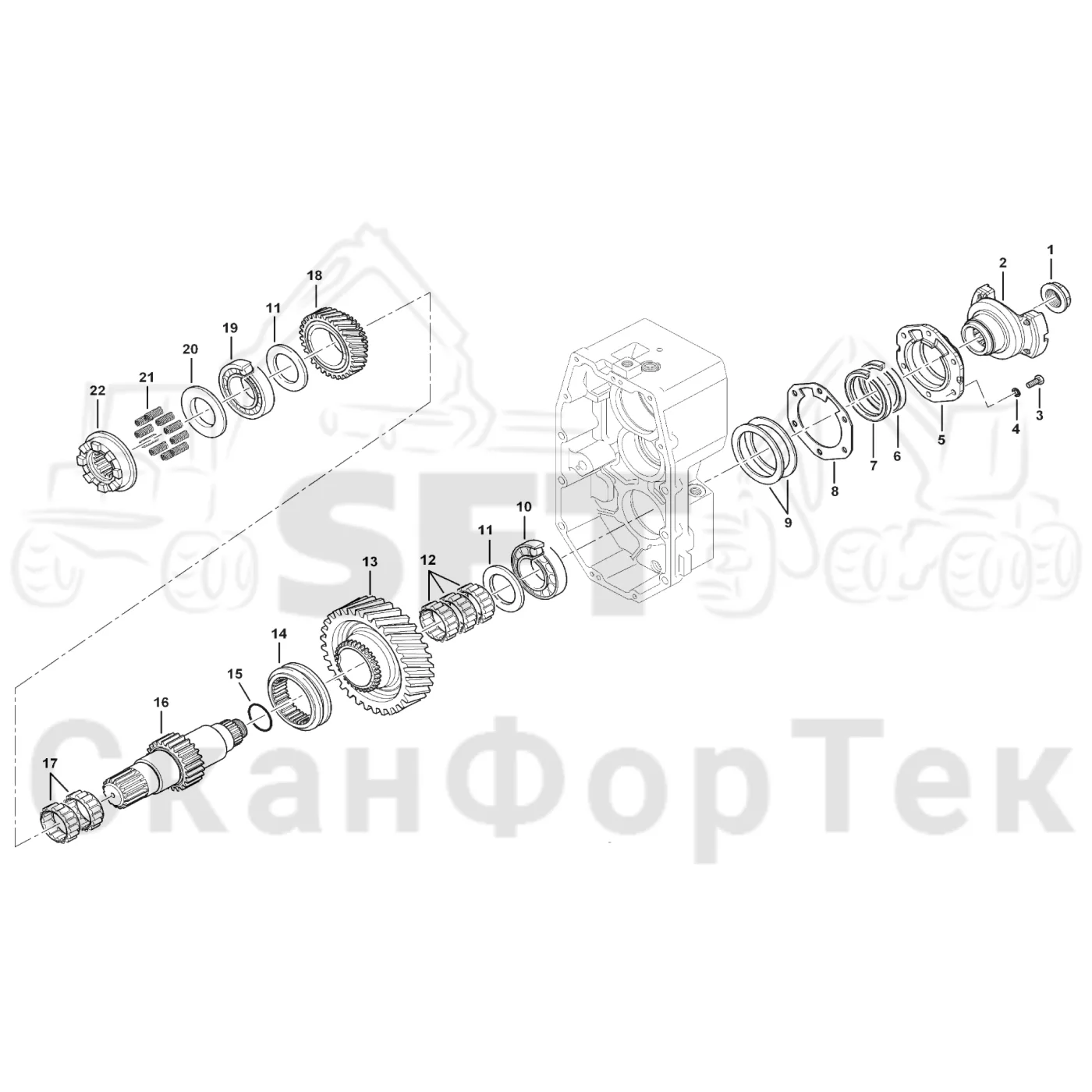 Схема: Komatsu / Форвардер / 875 S/N 8750000010- / Каталог запасных частей / Коробка передач / Редуктор / Комплект шестерен входного вала
