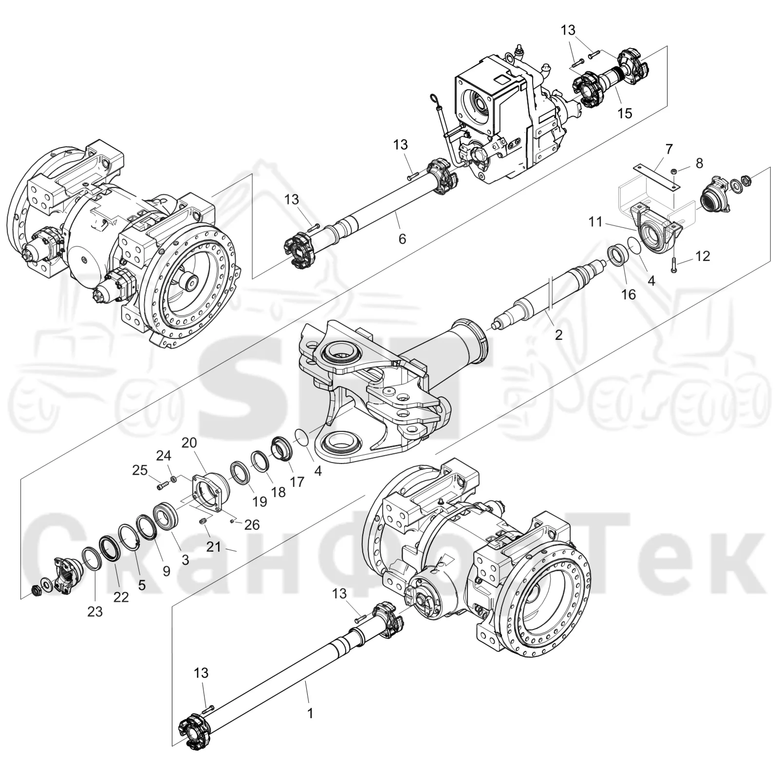Схема: Komatsu / Форвардер / 875 S/N 8750000010- / Каталог запасных частей / Коробка передач / Карданная передача / Карданная передача +350/0