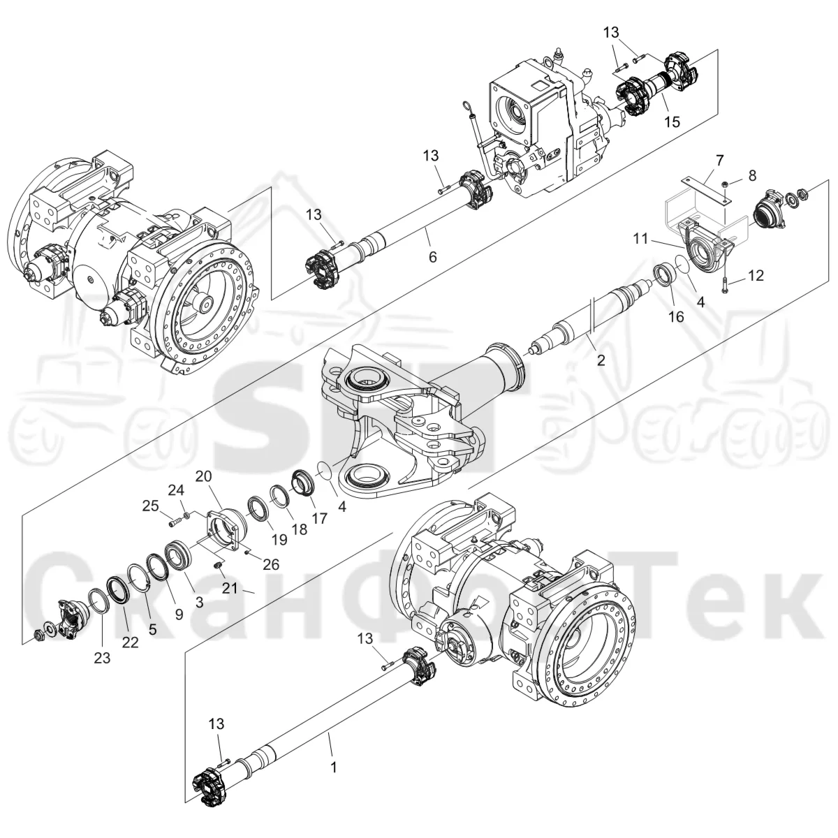 Схема: Komatsu / Форвардер / 875 S/N 8750000010- / Каталог запасных частей / Коробка передач / Карданная передача / Карданная передача +650/+225