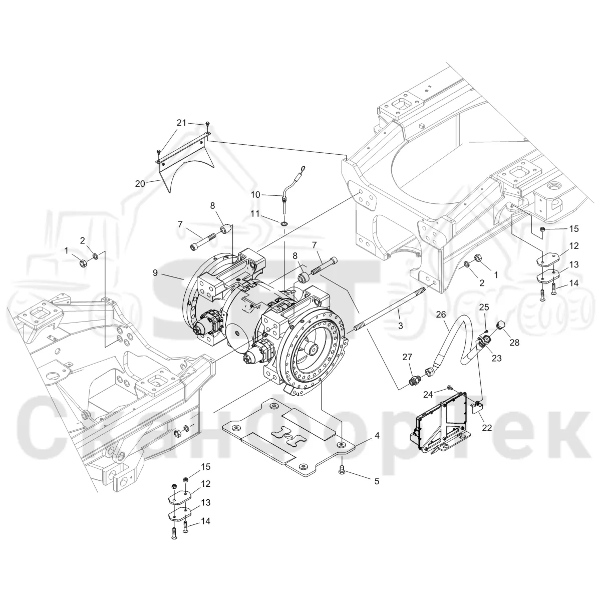 Схема: Komatsu / Форвардер / 875 S/N 8750000010- / Каталог запасных частей / Коробка передач / Мост каретки / Передний агрегат каретки
