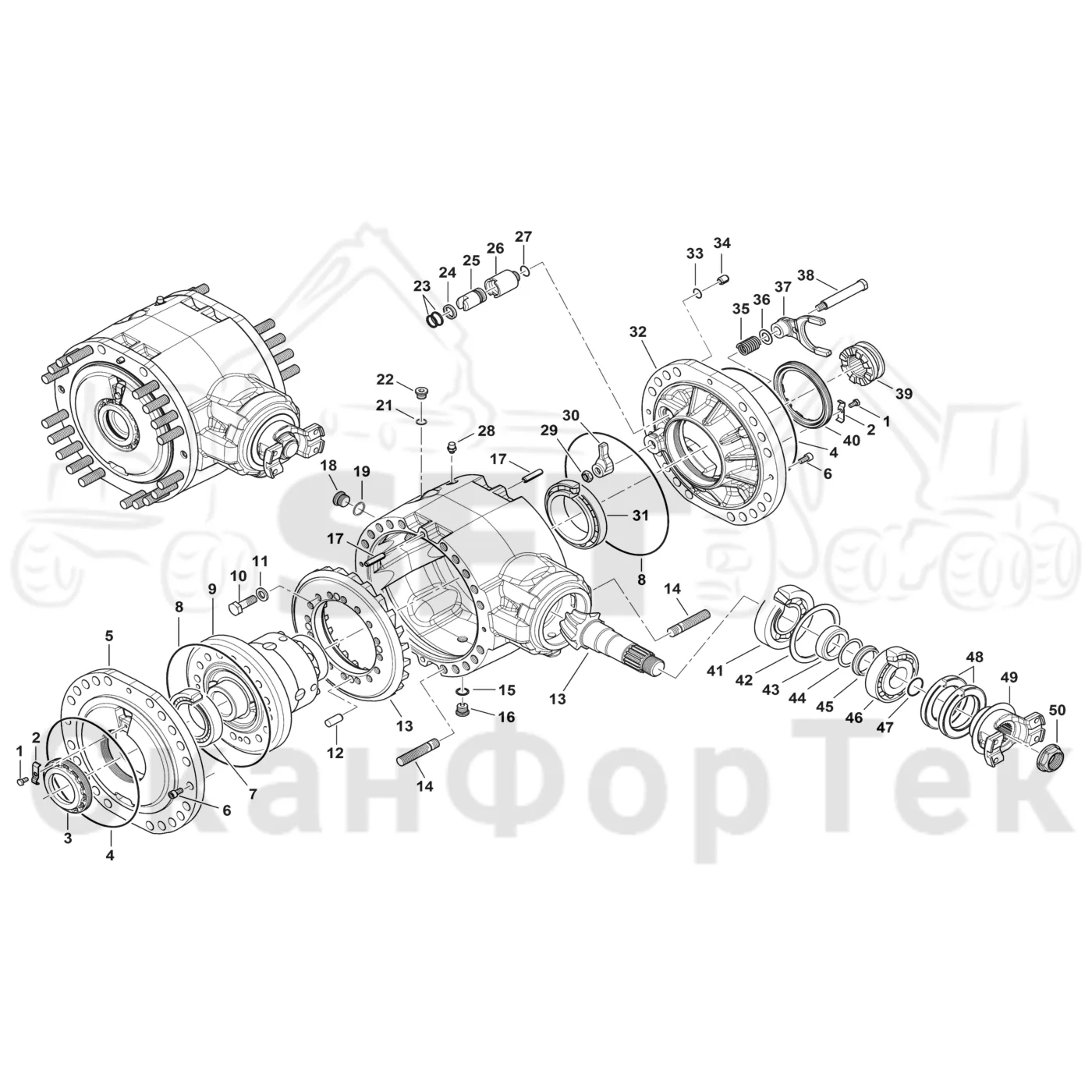 Схема: Komatsu / Форвардер / 875 S/N 8750000010- / Каталог запасных частей / Коробка передач / Ось / Дифференциал