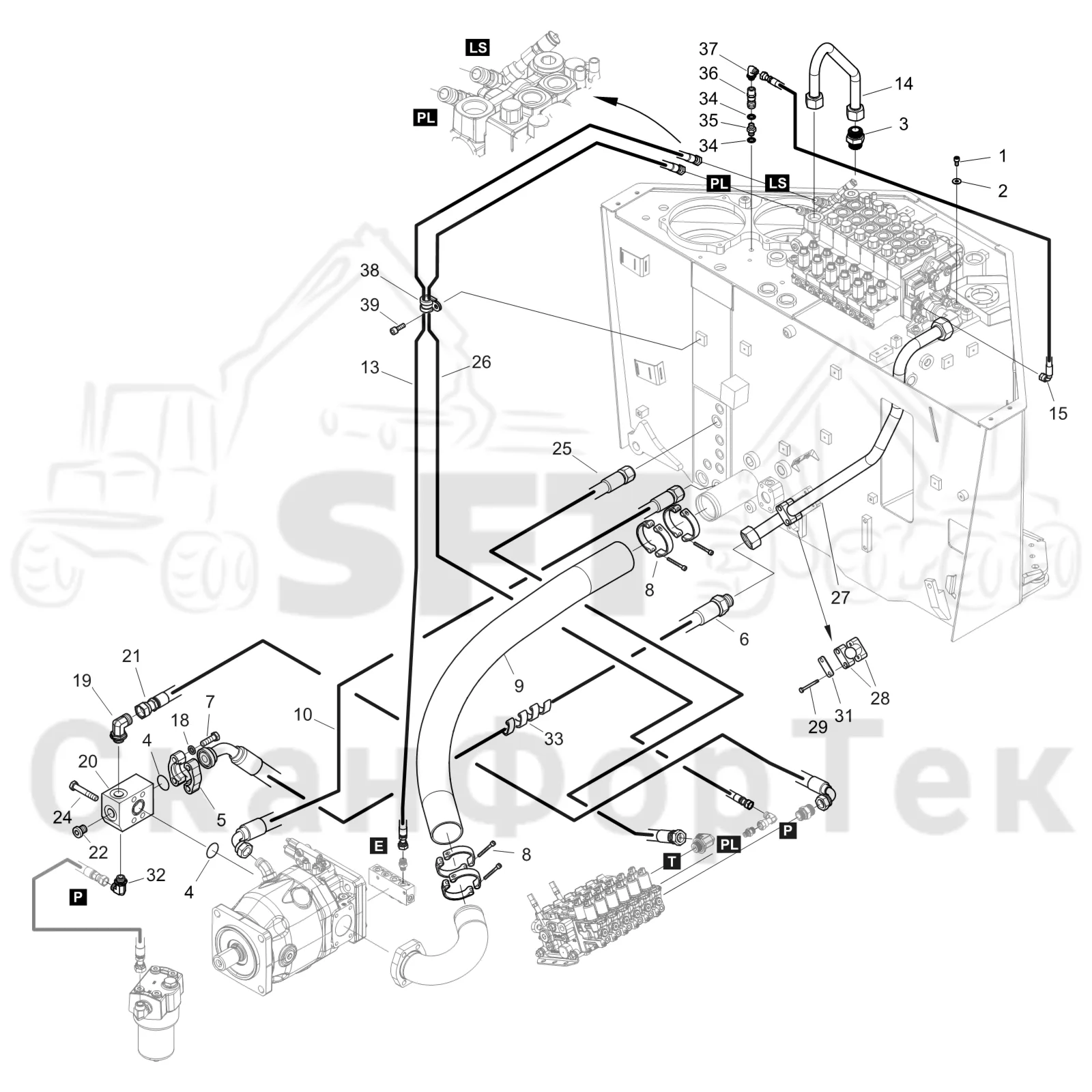 Схема: Komatsu / Форвардер / 875 S/N 8750000010- / Каталог запасных частей / Гидравлика / Гидравлические насосы / Подвод шланга