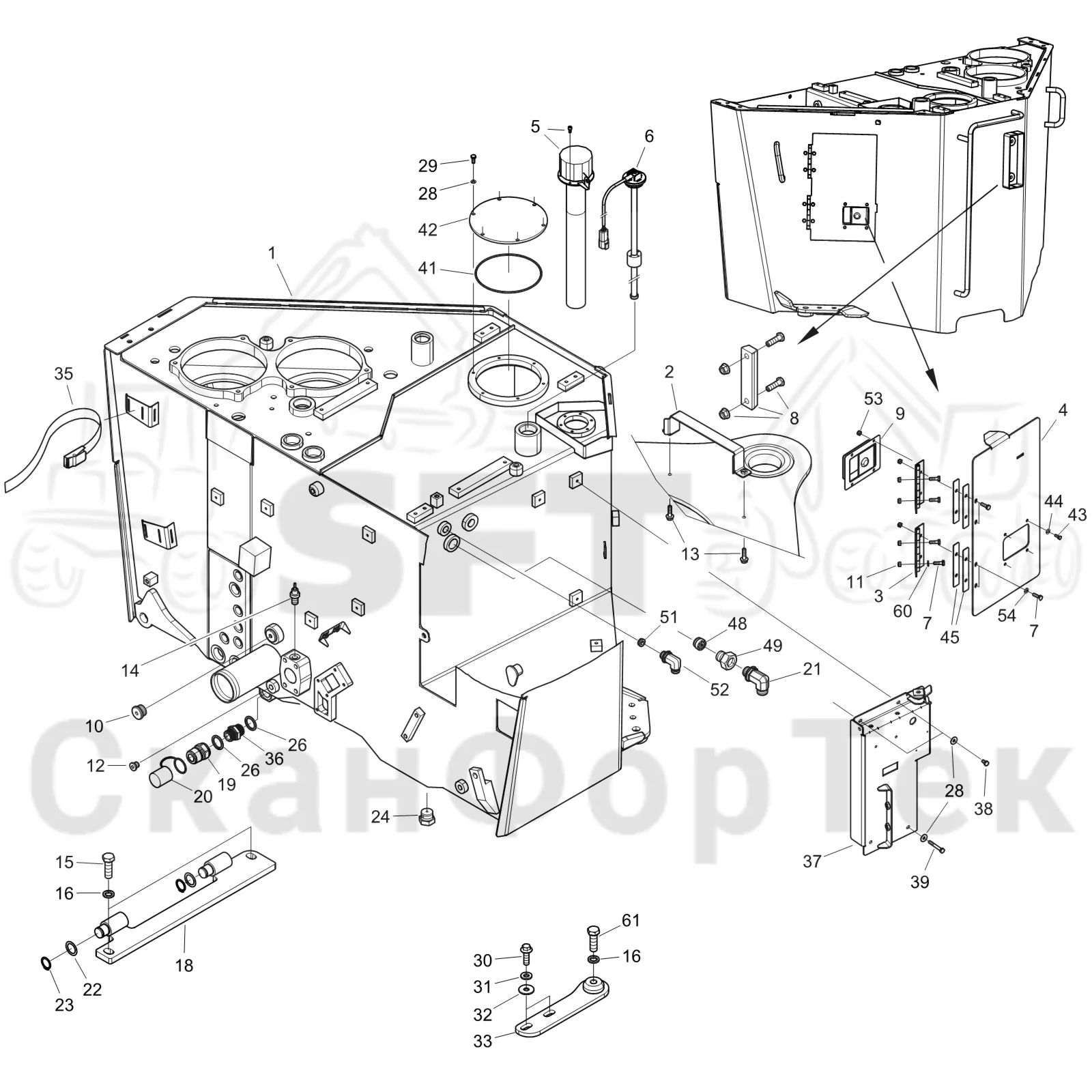 Схема: Komatsu / Форвардер / 875 S/N 8750000010- / Каталог запасных частей / Гидравлика / Бак гидравлики / Бак гидравлики