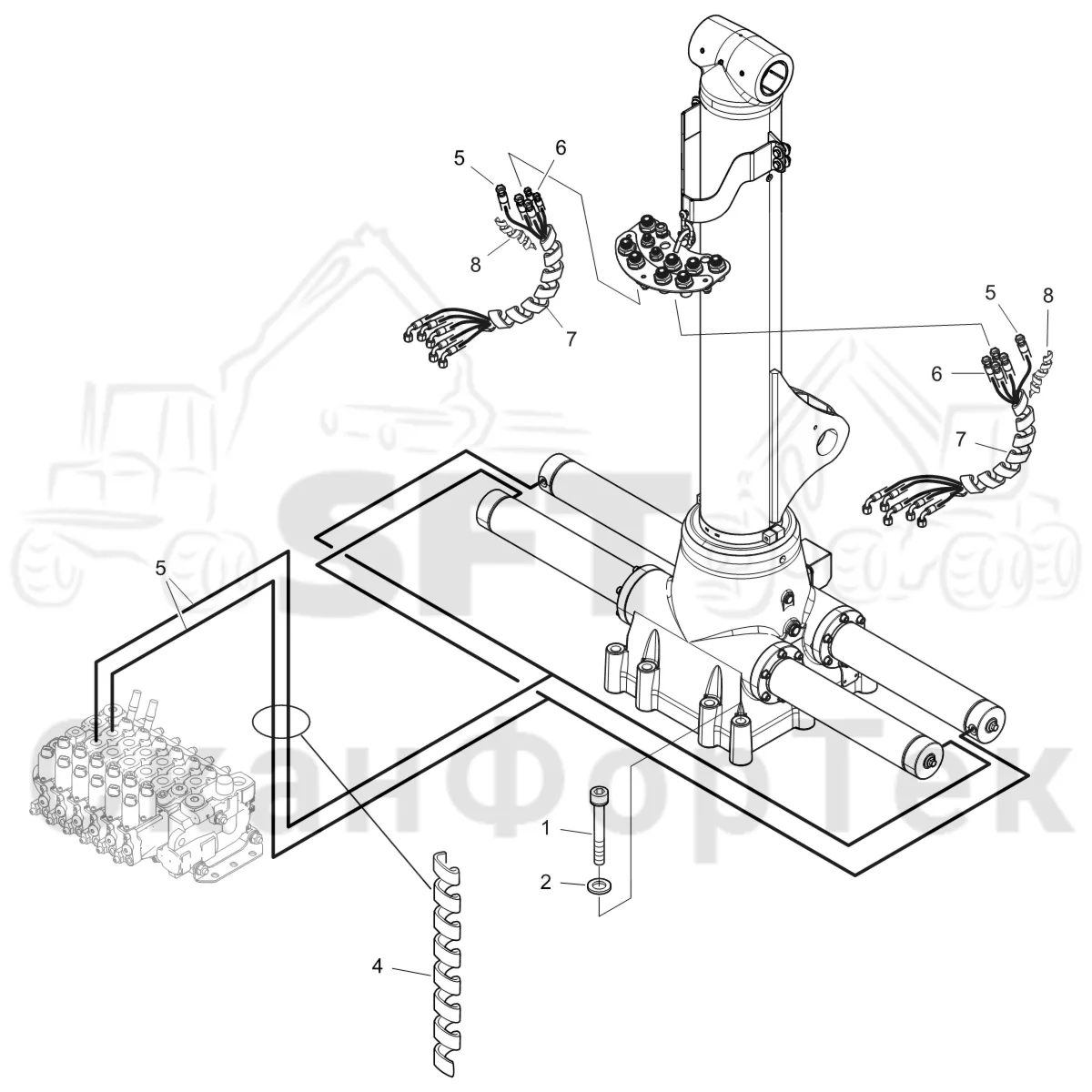 Схема: Komatsu / Форвардер / 875 S/N 8750000010- / Каталог запасных частей / Подъемный кран / Подвод шланга / Подвод шланга