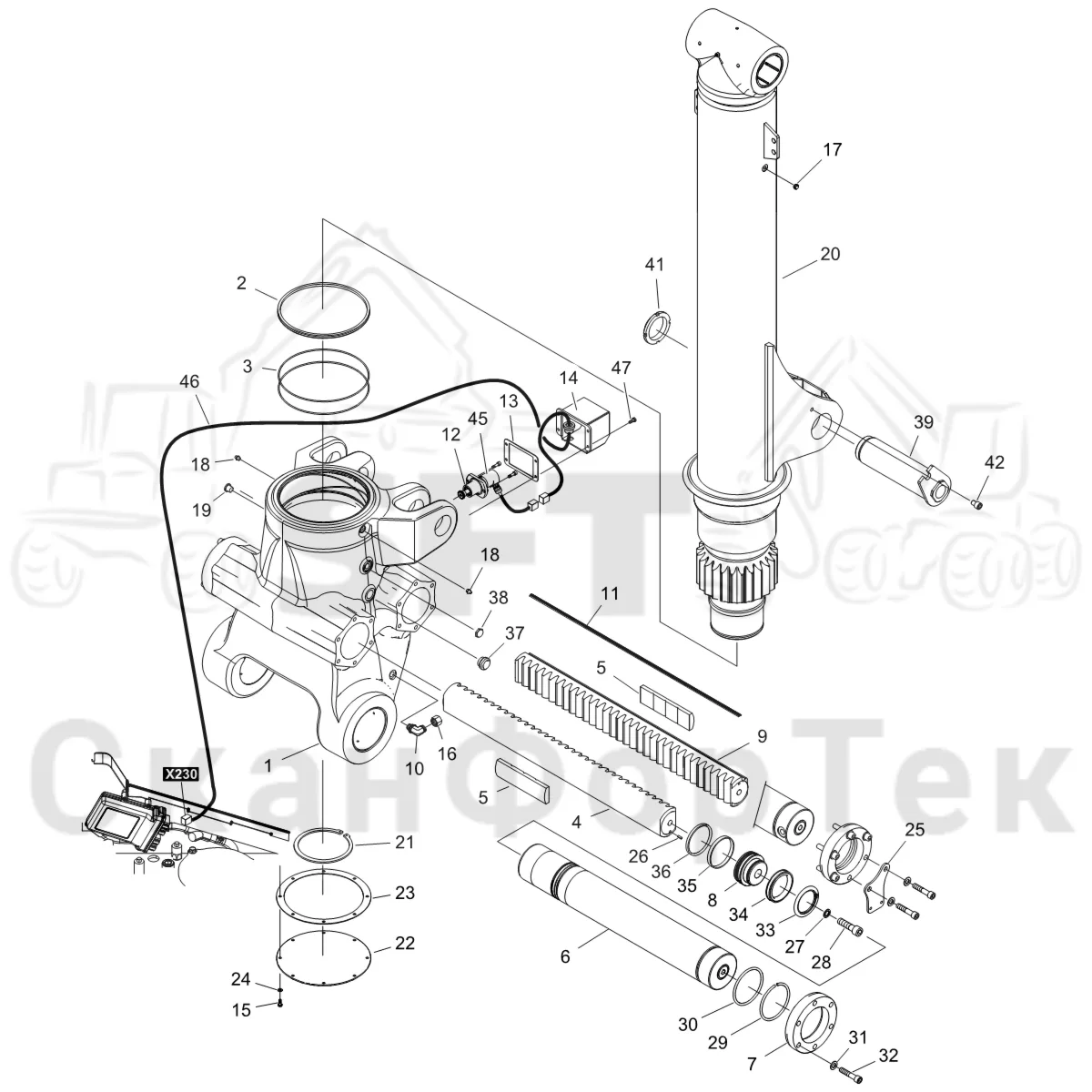 Схема: Komatsu / Форвардер / 875 S/N 8750000010- / Каталог запасных частей / Подъемный кран / Система поворотного механизма / Система поворотного механизма Стойка наклона Датчик