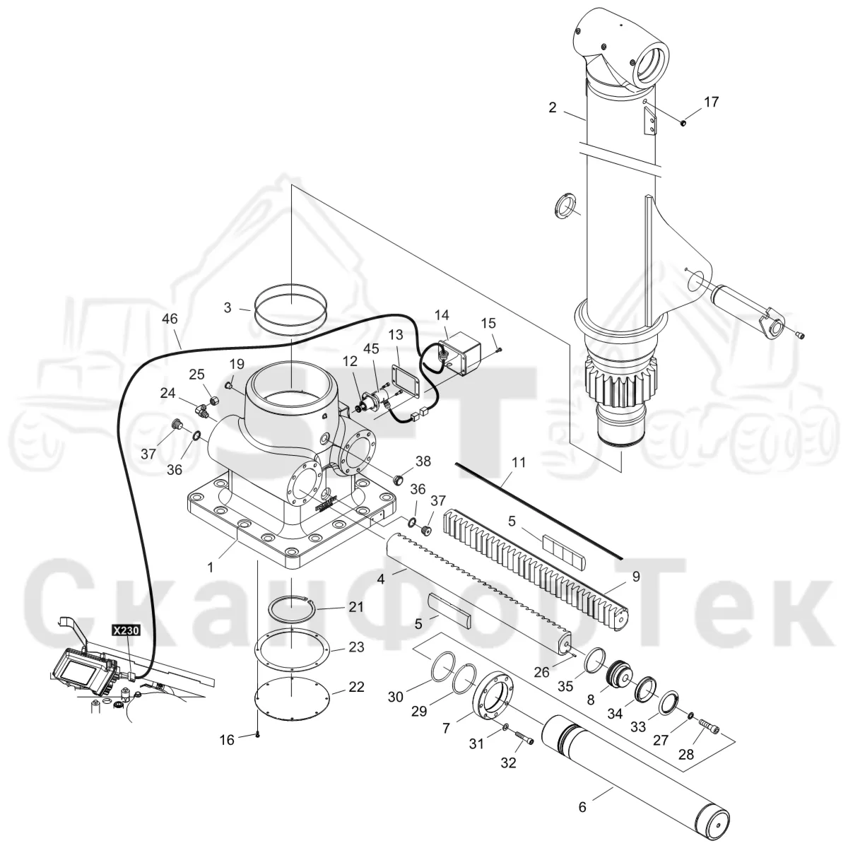 Схема: Komatsu / Форвардер / 875 S/N 8750000010- / Каталог запасных частей / Подъемный кран / Система поворотного механизма / Система поворотного механизма Стойка наклона Датчик
