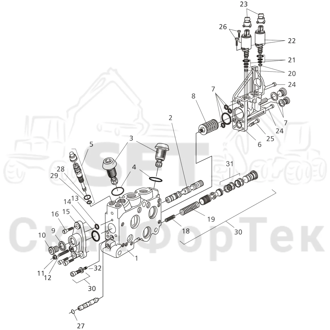 Схема: Komatsu / Лесозаготовительные машины / 901TX / Каталог запасных частей / Гидравлика / Клапан шасси / Секция клапана Запчасть