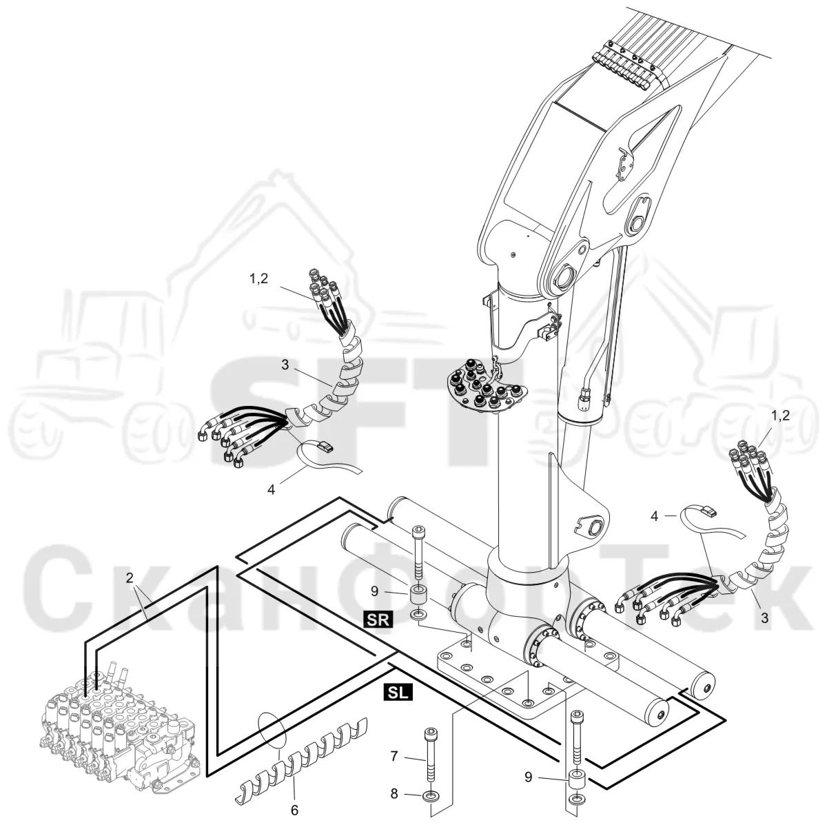 Схема: Komatsu / Форвардер / 875 S/N 8750000010- / Каталог запасных частей / Подъемный кран / Гидропроводка / Гидропроводка