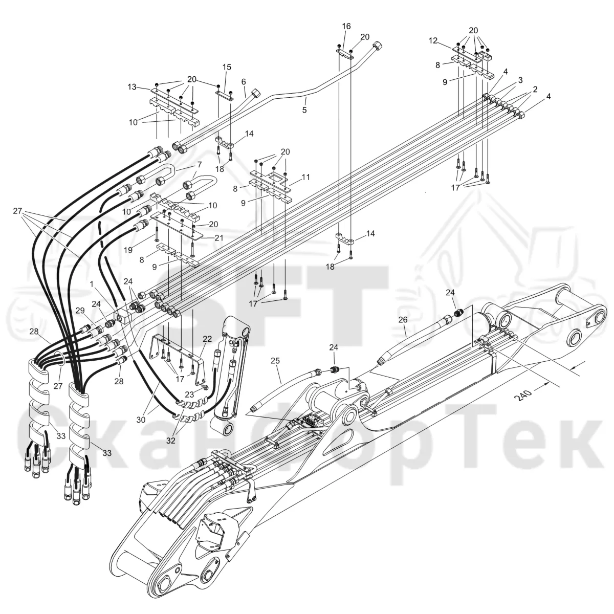 Схема: Komatsu / Форвардер / 875 S/N 8750000010- / Каталог запасных частей / Подъемный кран / Трубы и шланги / Трубы и шланги