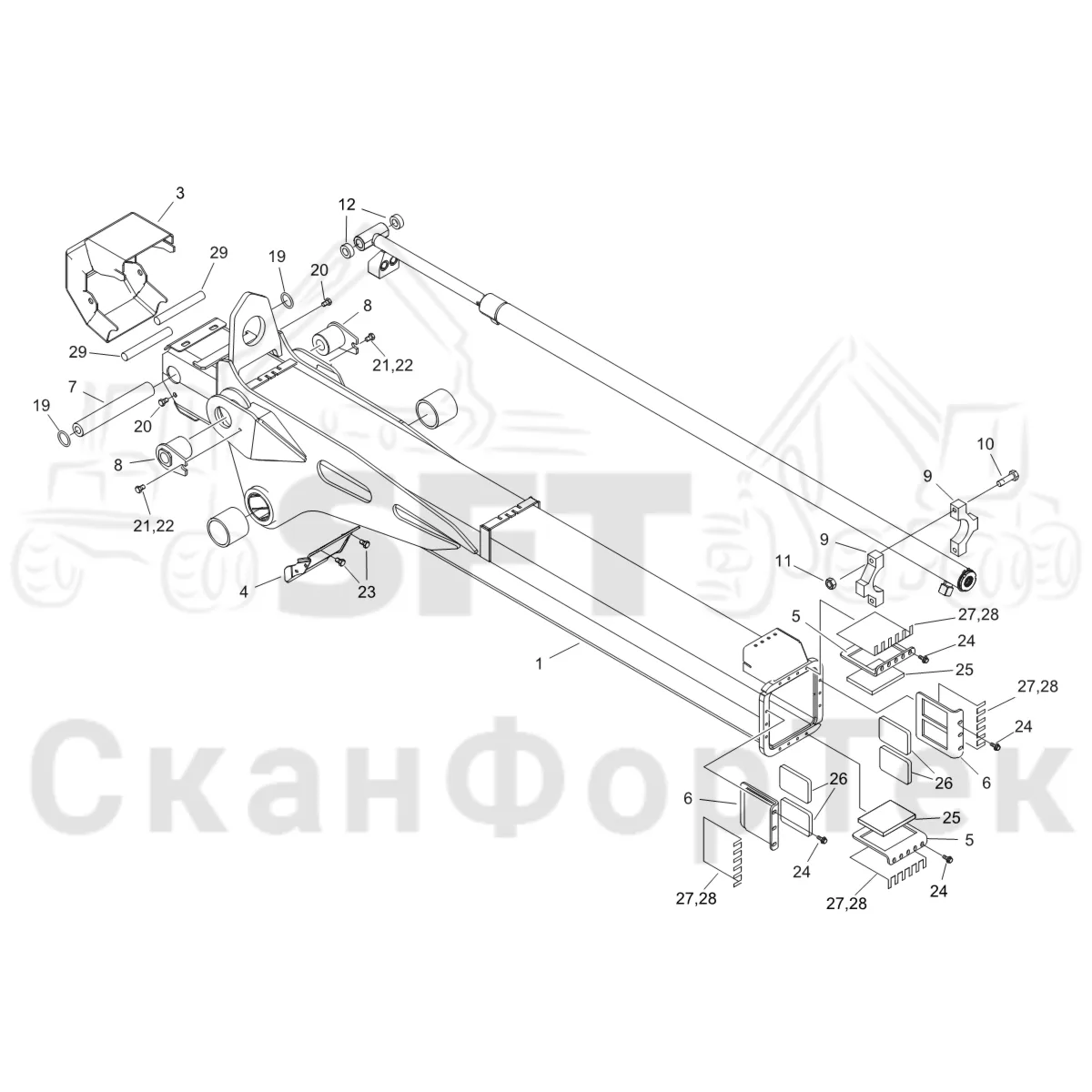 Схема: Komatsu / Форвардер / 895 S/N 8950011010- / Каталог запасных частей / Подъемный кран / Стрела, наружная / Стрела, наружная 7,5m